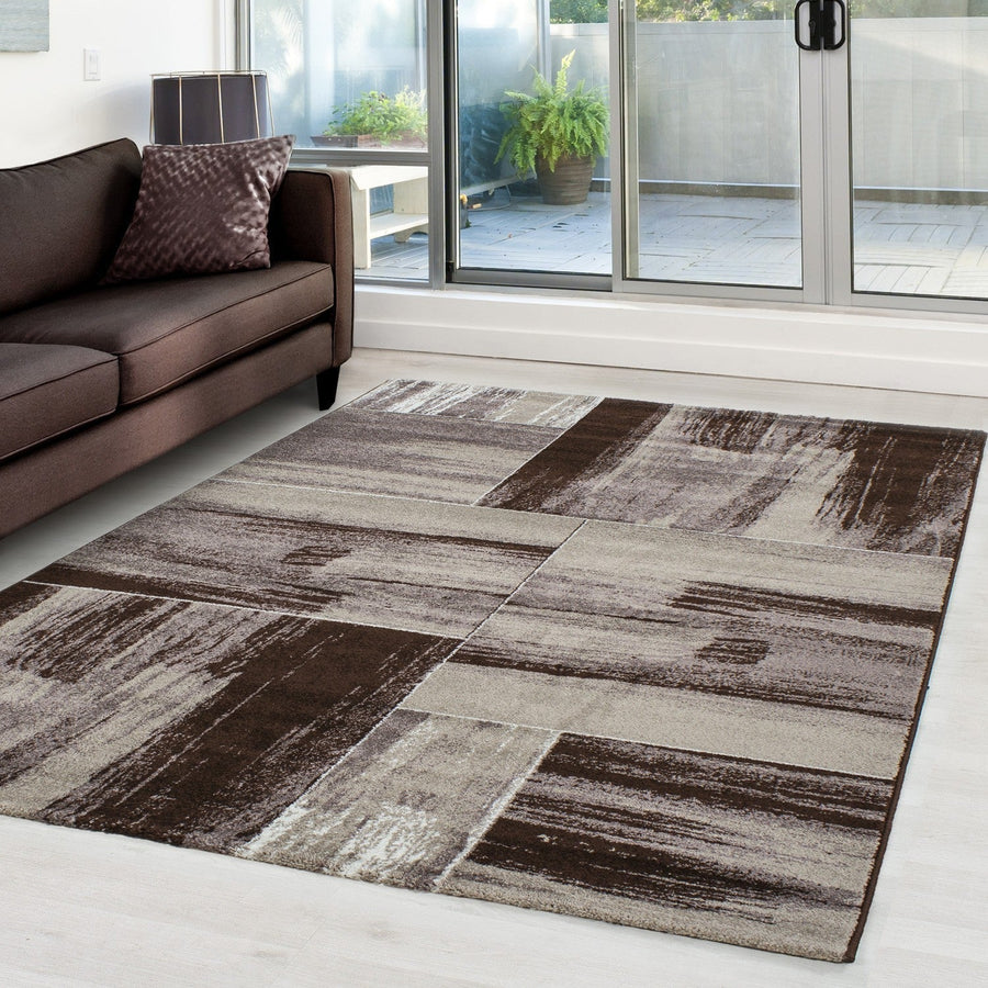 Modern Designer Rug with Abstract Checkered Pattern, Mottled Brown, Beige, and White