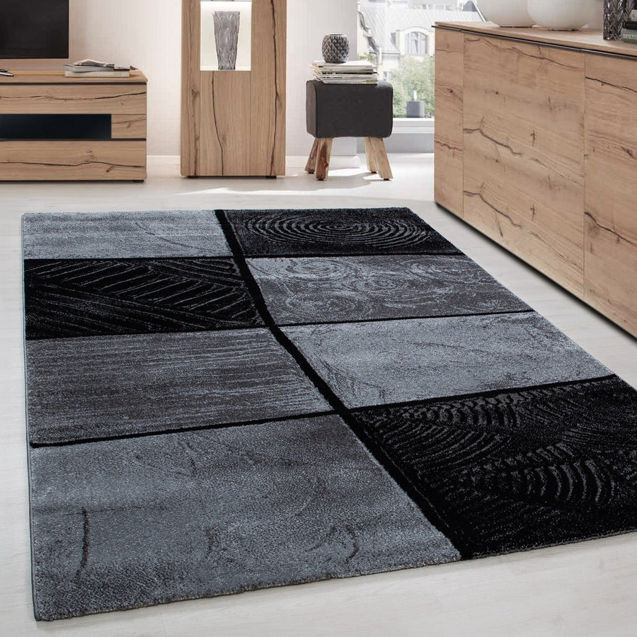 Modern Designer Living Room Rug, Geometric Checkered Pattern, Mottled Black and Grey