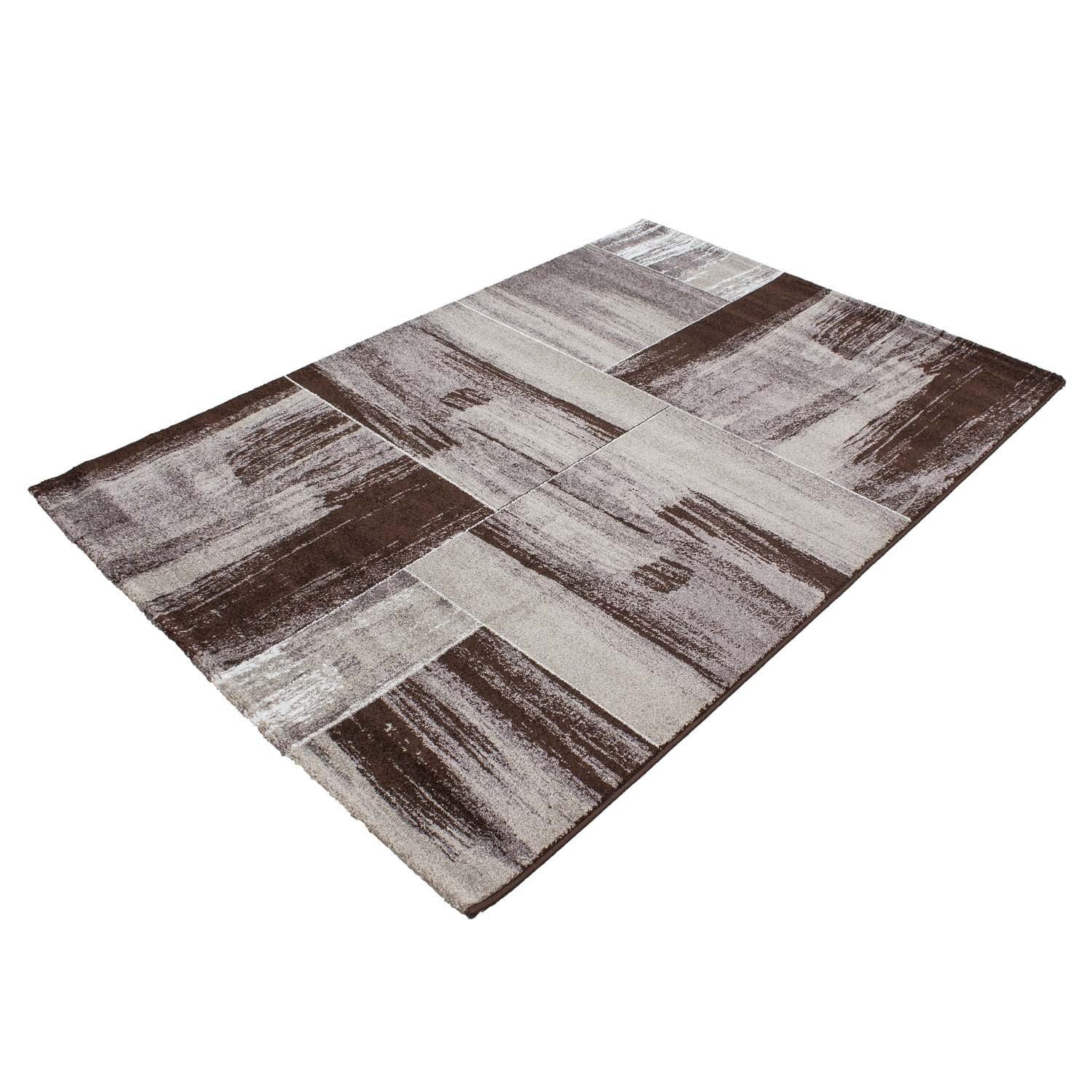 Teppich Modern Designer Abstract Karo Muster Meliert Braun Beige Weiss