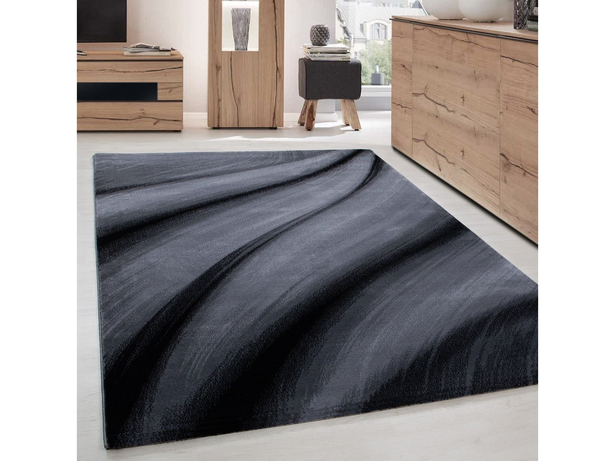 Moderner Designer Wohnzimmer Teppich Wellendesign Miami 6630 Schwarz-Grau