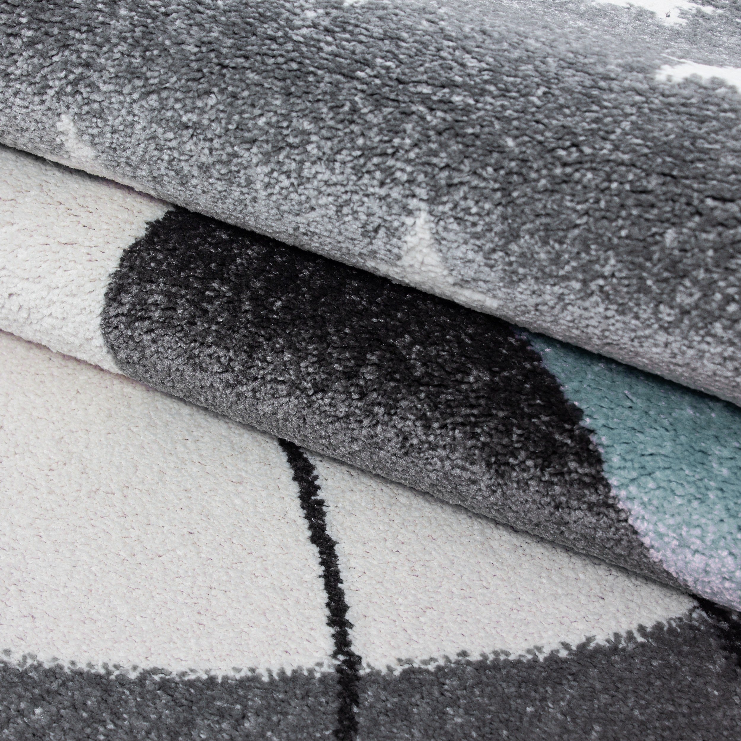 Kinderteppich Kinderzimmer Teppich Katze Sternmotiv Grau-Weiß-Blau