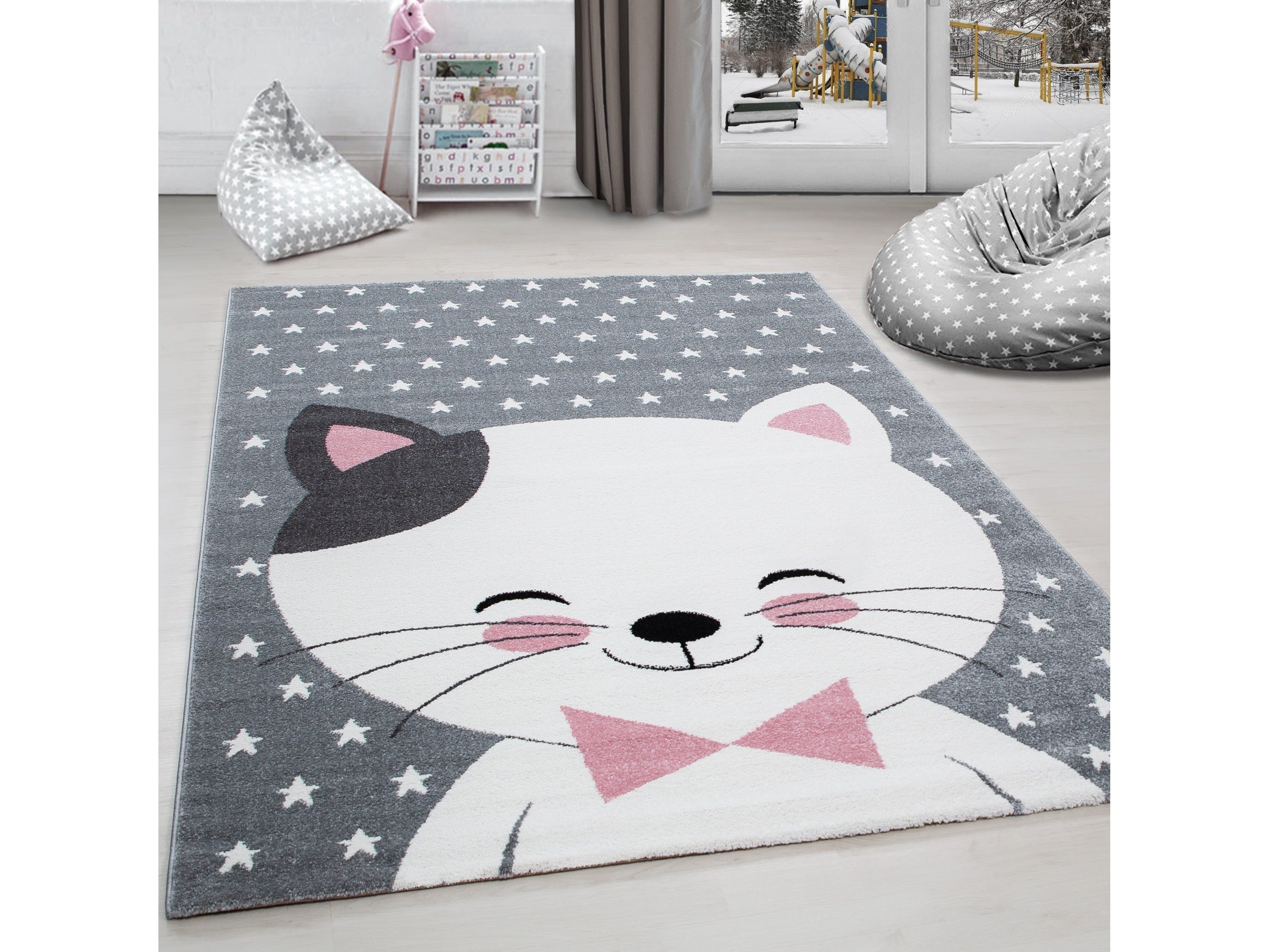 Kinderteppich Kinderzimmer Teppich Katze Sternmotiv Grau-Weiß-Pink