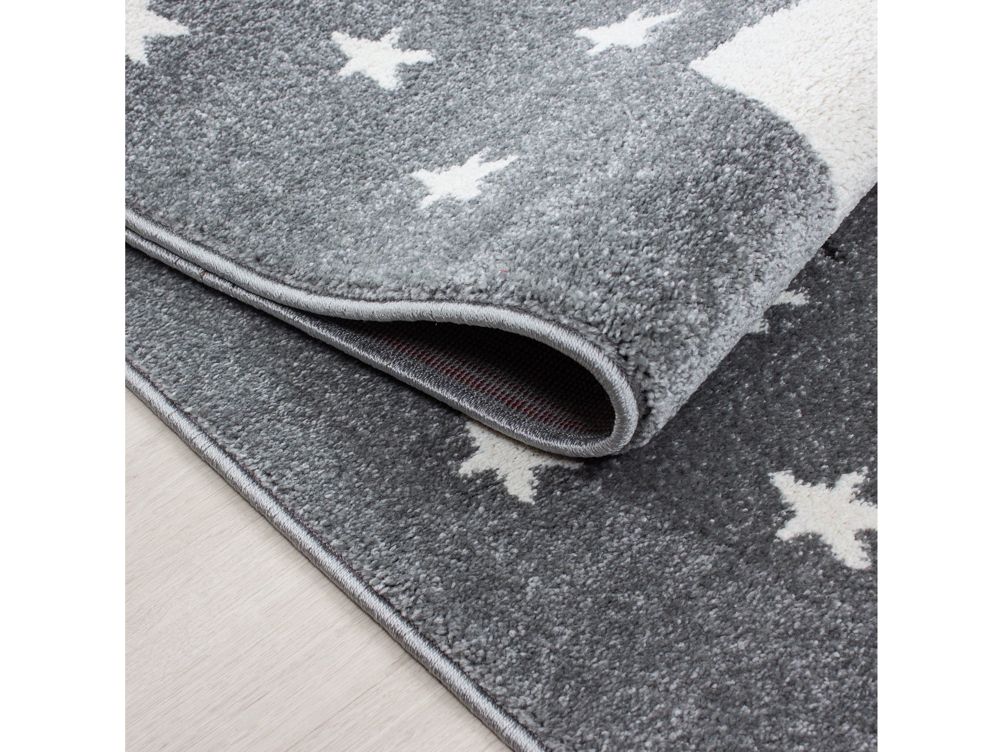 Kinderteppich Kinderzimmer Teppich Katze Sternmotiv Grau-Weiß-Pink