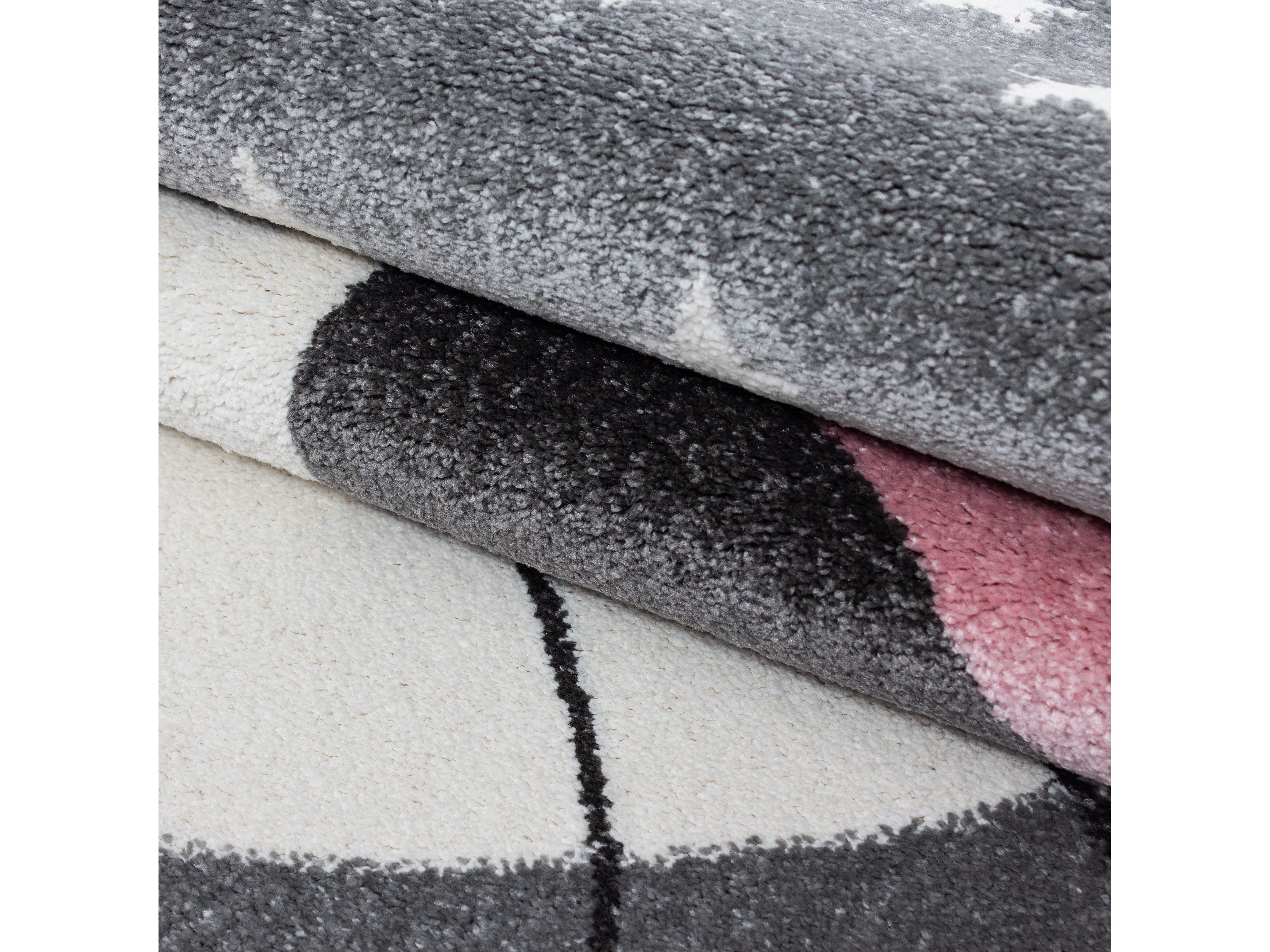 Kinderteppich Kinderzimmer Teppich Katze Sternmotiv Grau-Weiß-Pink