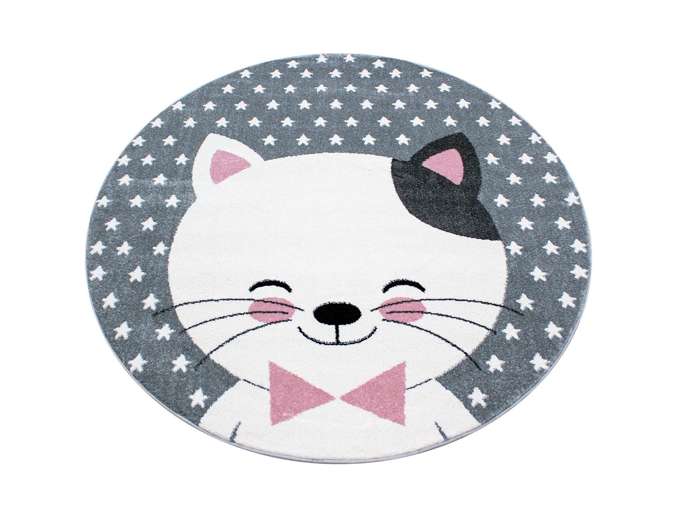 Kinderteppich Kinderzimmer Teppich Katze Sternmotiv Grau-Weiß-Pink