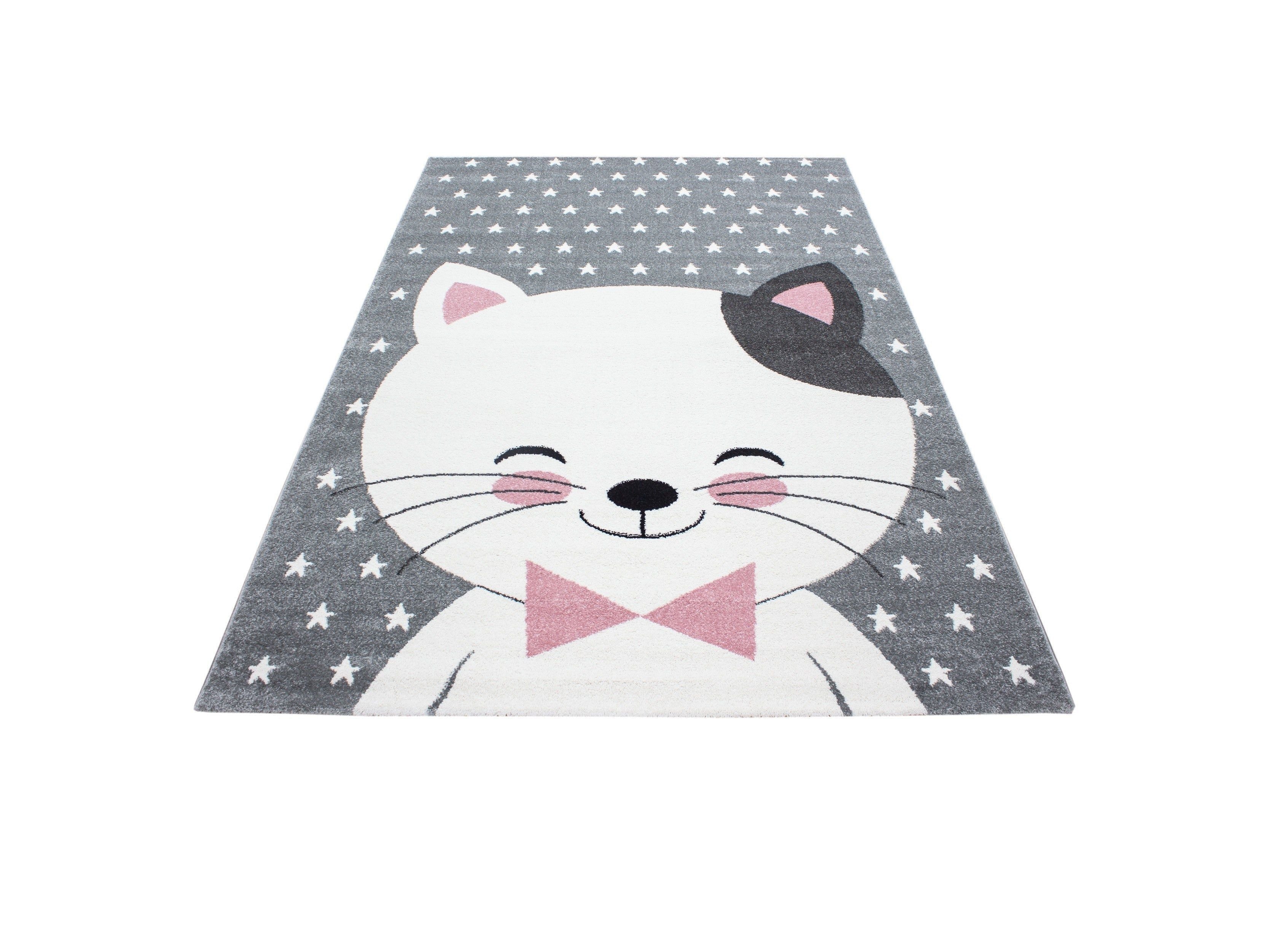 Kinderteppich Kinderzimmer Teppich Katze Sternmotiv Grau-Weiß-Pink