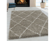 Wohnzimmerteppich Design Hochflor Teppich Muster Raute Flor Weich Farbe Beige