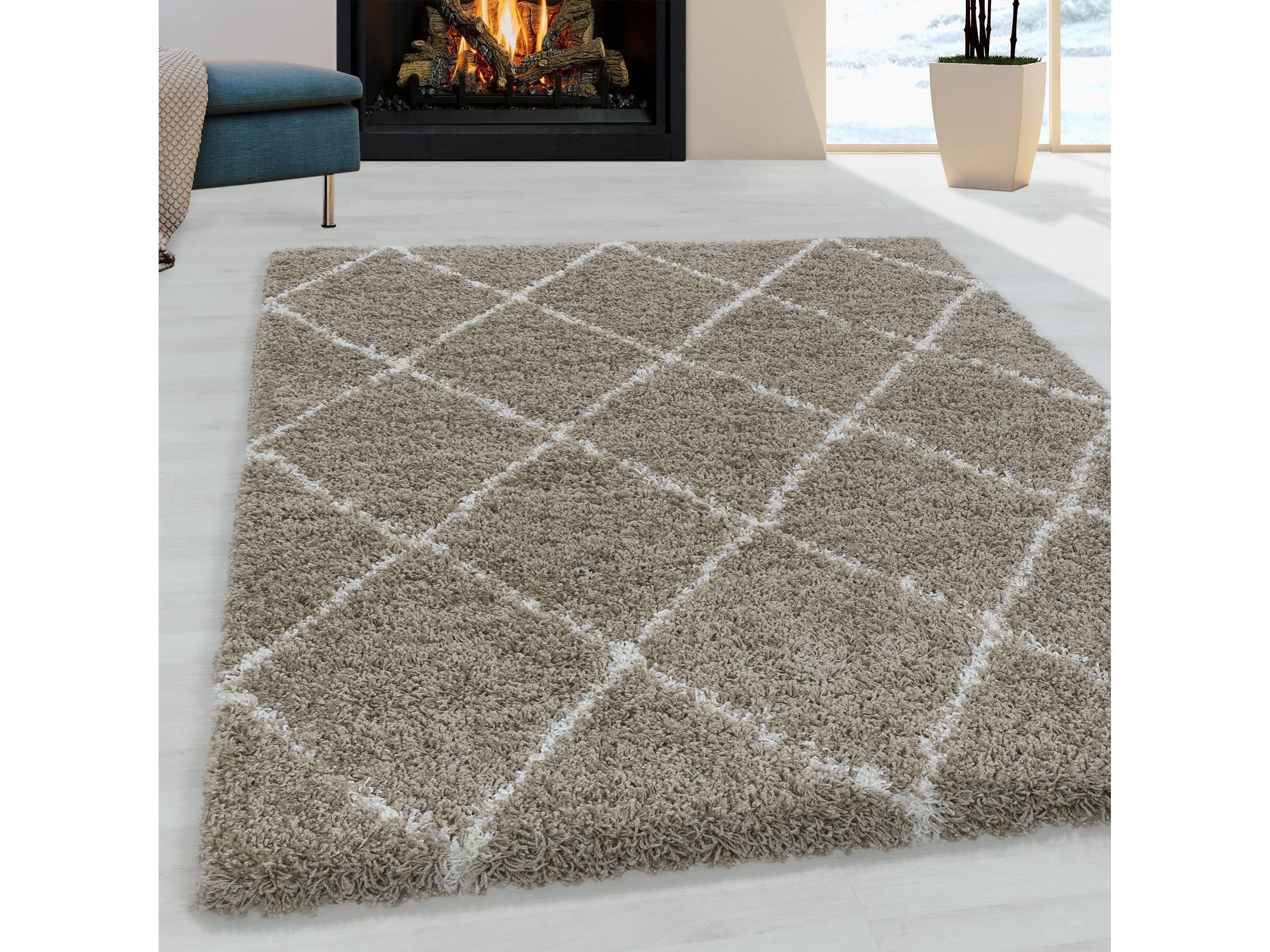 Wohnzimmerteppich Design Hochflor Teppich Muster Raute Flor Weich Farbe Beige