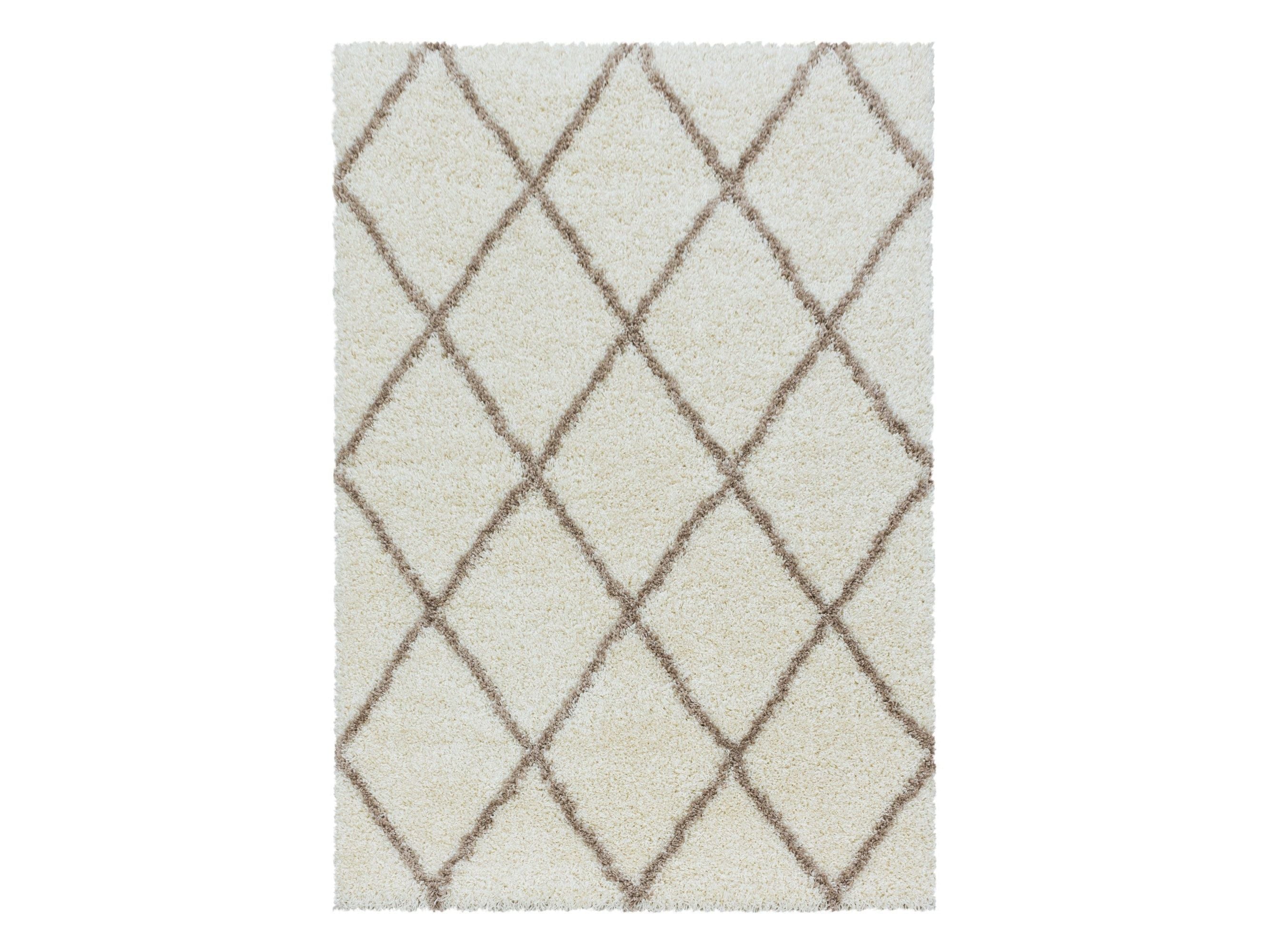 Wohnzimmerteppich Design Hochflor Teppich Muster Raute Flor Weich Farbe Creme