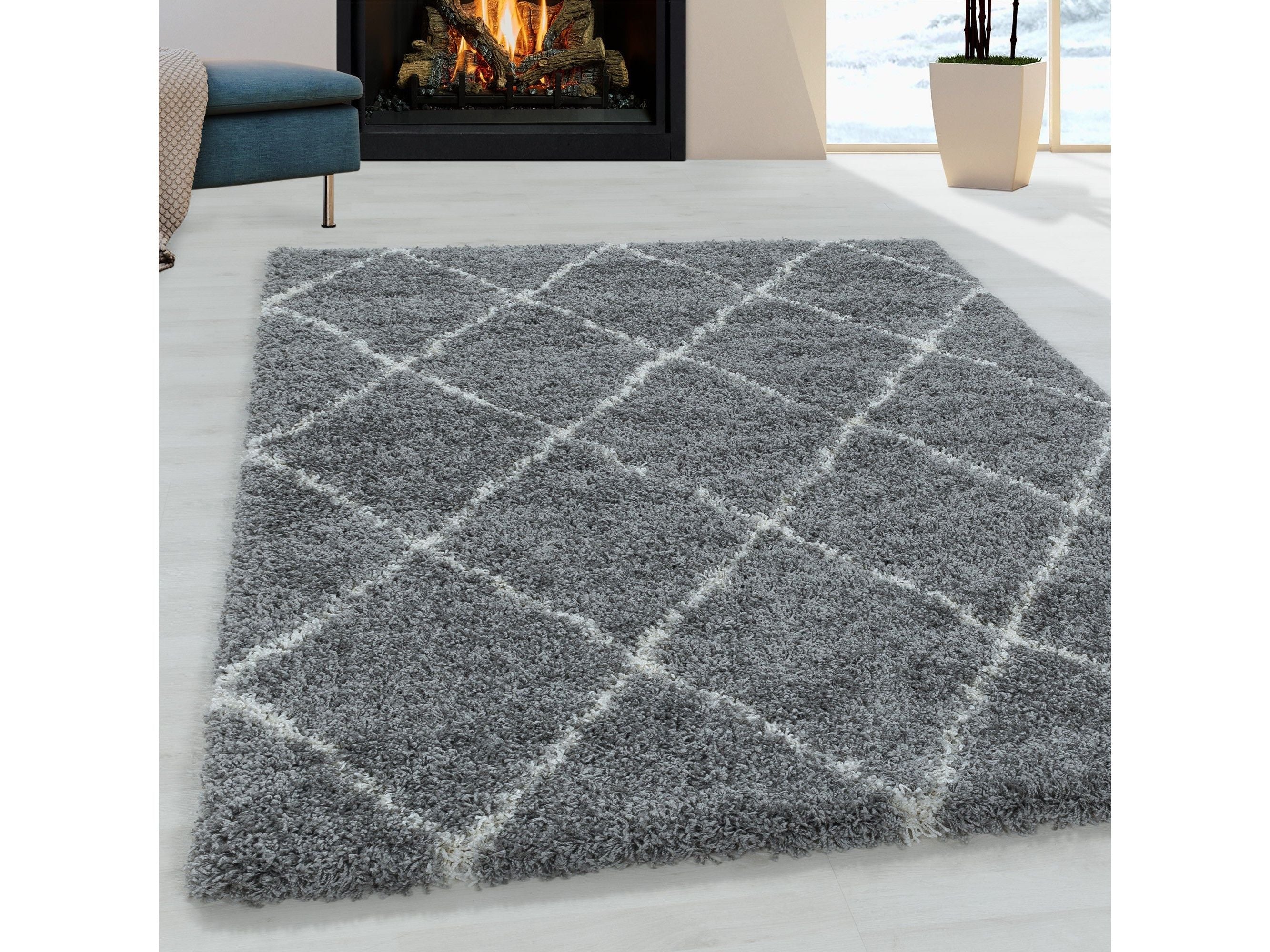 Wohnzimmerteppich Design Hochflor Teppich Muster Raute Flor Weich Farbe Grau