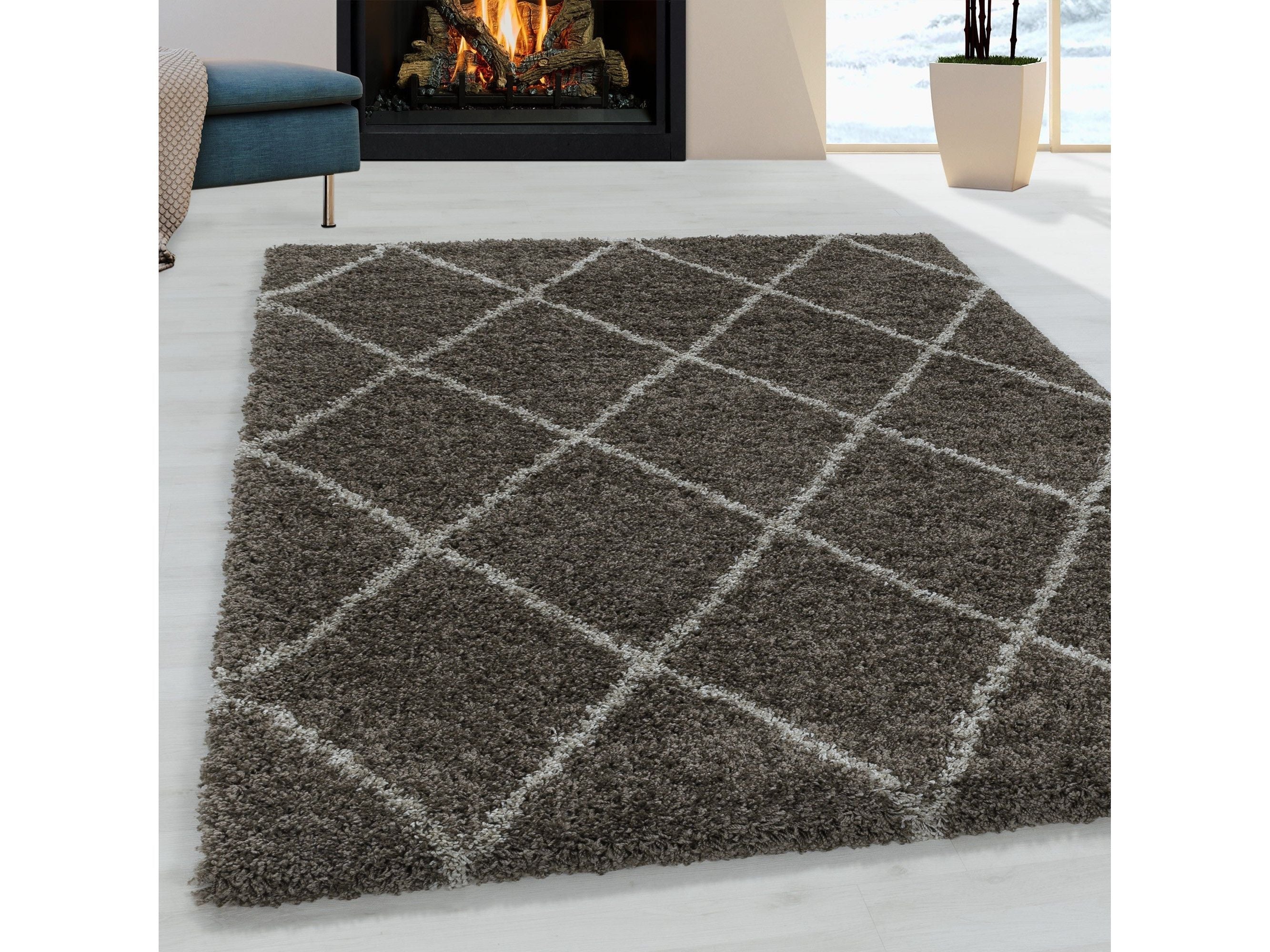 Wohnzimmerteppich Design Hochflor Teppich Muster Raute Flor Weich Farbe Taupe