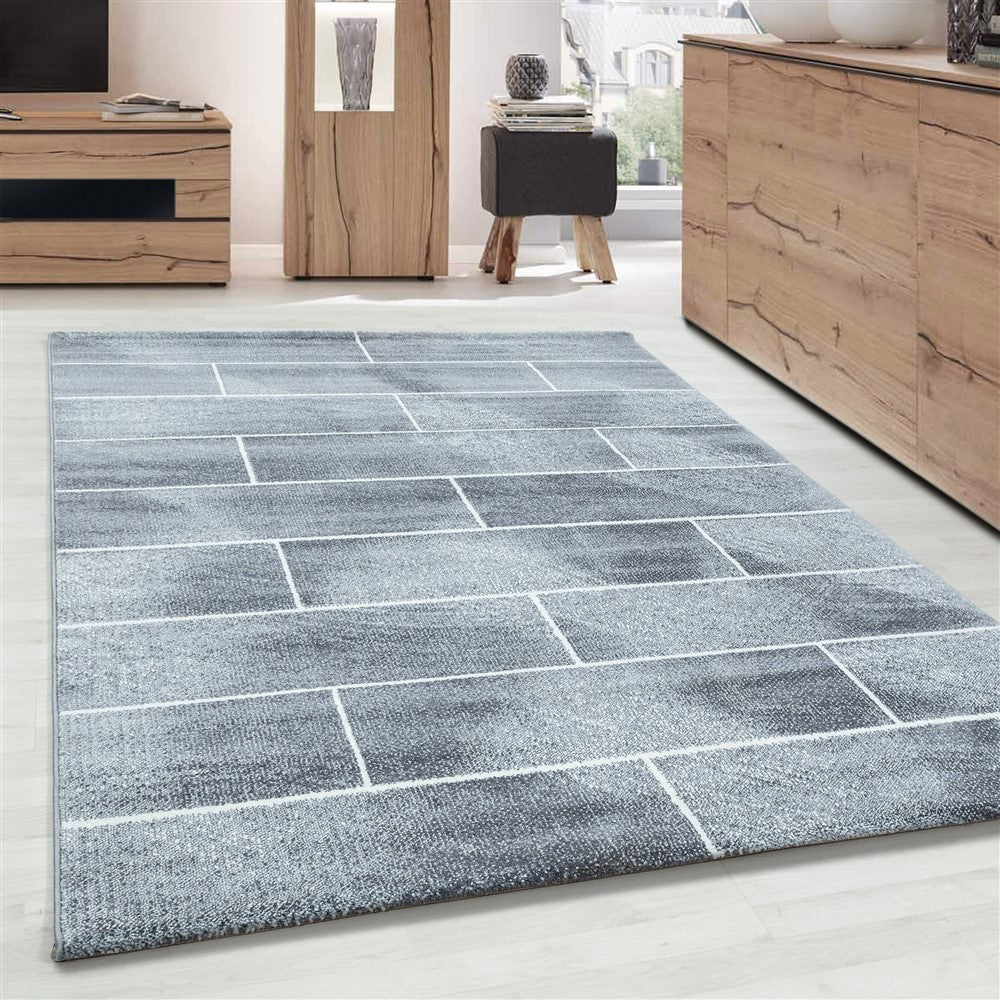 Designer Teppich Modern Kurzflor Steinwand Optik Stein Mauer Grau Weiß