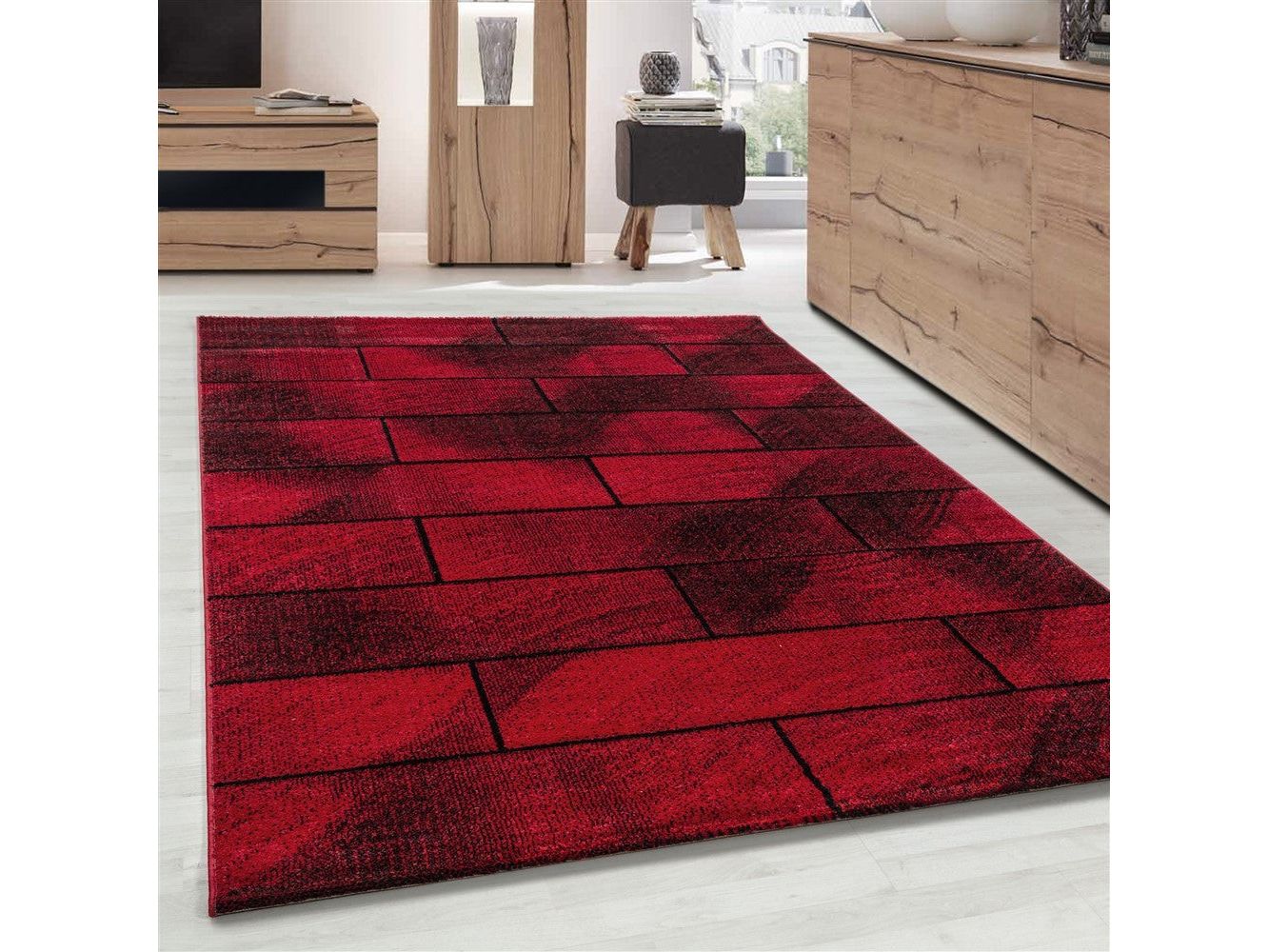 Designer Teppich Modern Kurzflor Steinwand Optik Stein Mauer Schwarz Rot