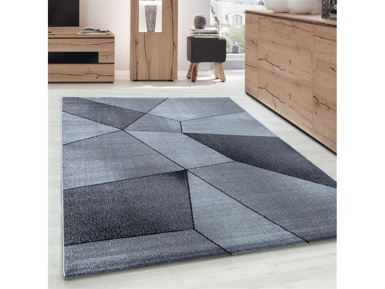 Teppich Modern Designer Kurzflor Geometrisches Design Schwarz Grau
