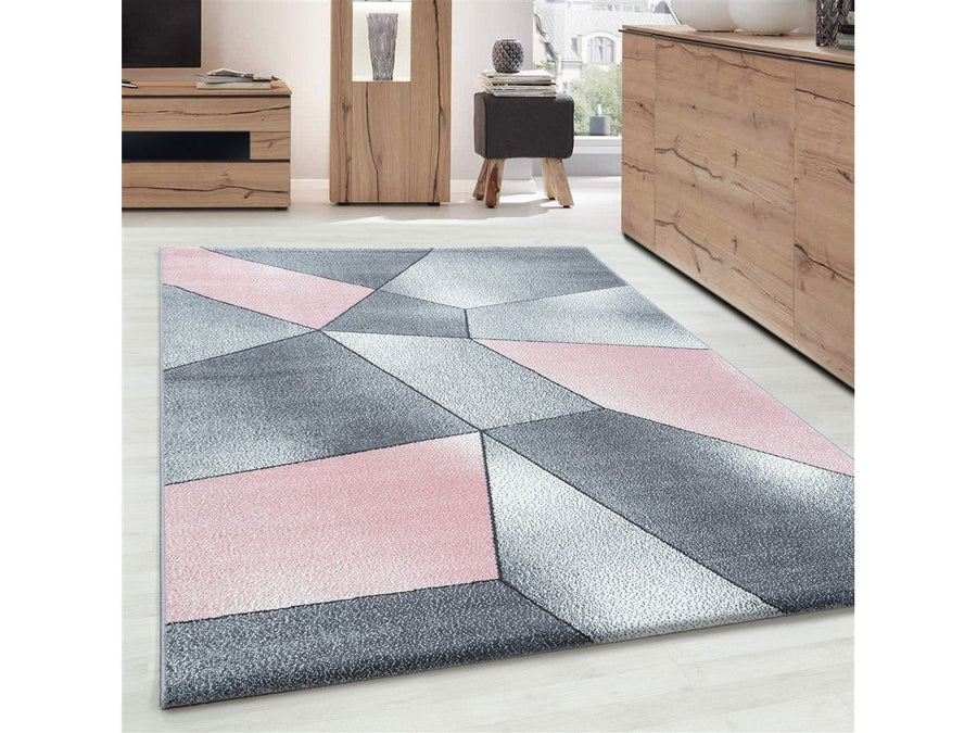 Teppich Modern Designer Kurzflor Geometrisches Design Grau Pink Weiß