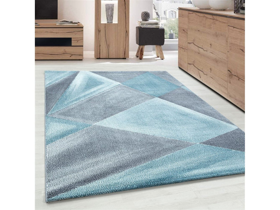 Teppich Modern Designer Geometrische Muster Kurzflor Grau Blau Weiß Meliert