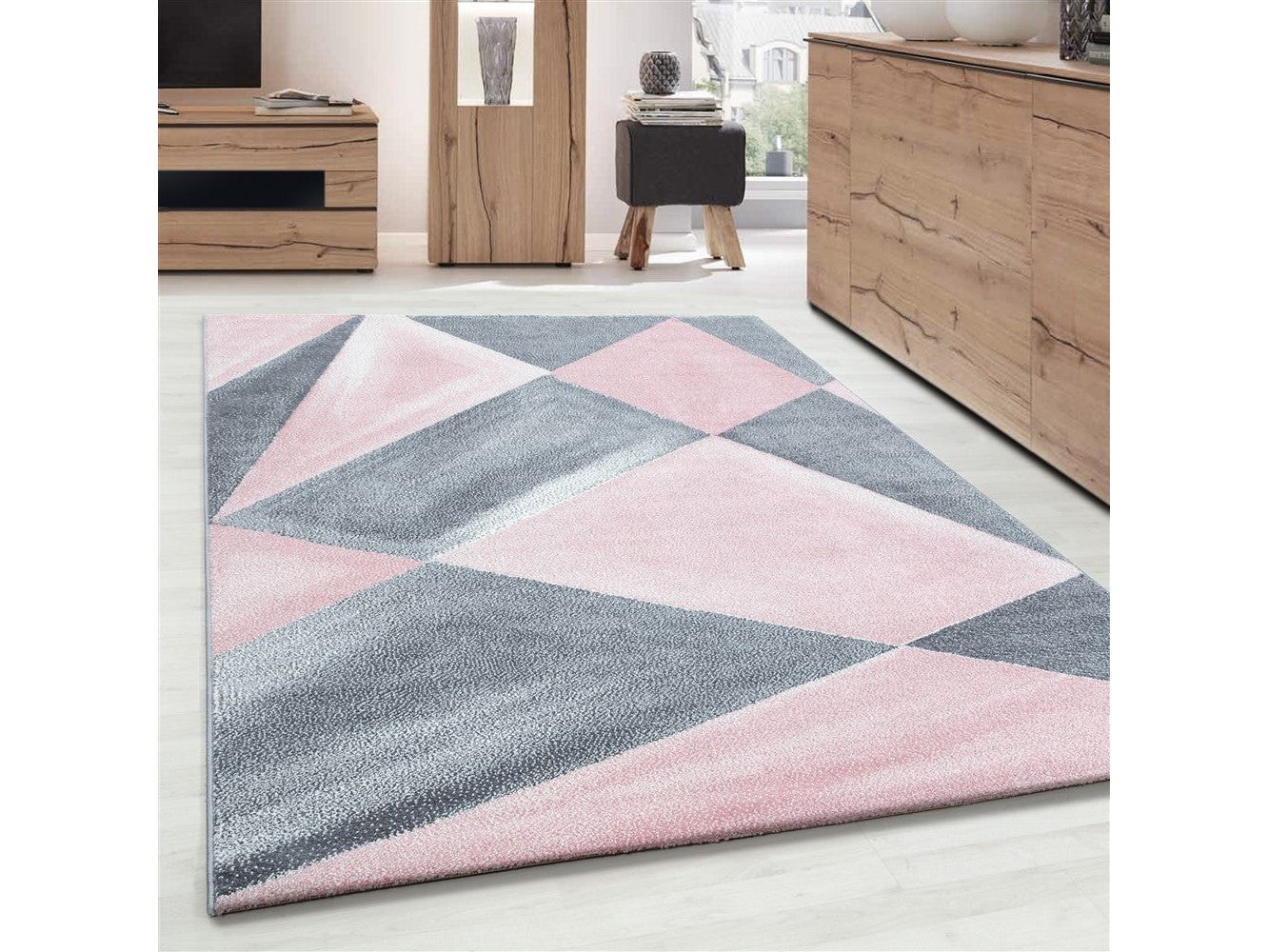 Teppich Modern Designer Geometrische Muster Kurzflor Grau Pink Weiß Meliert