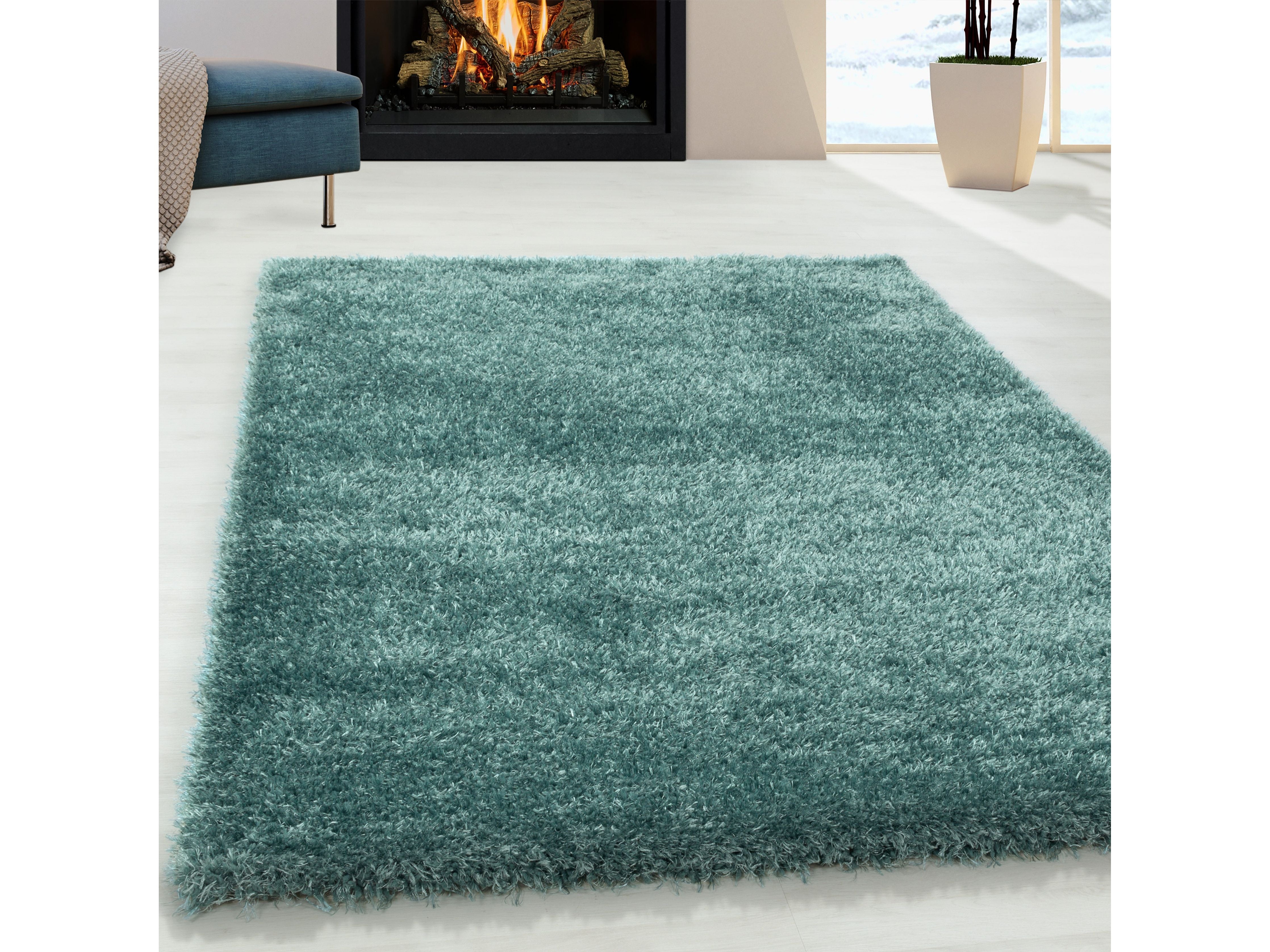 Shaggy Wohnzimmer Hochflor Teppich Glanz Garn Einfarbig Aqua Blau