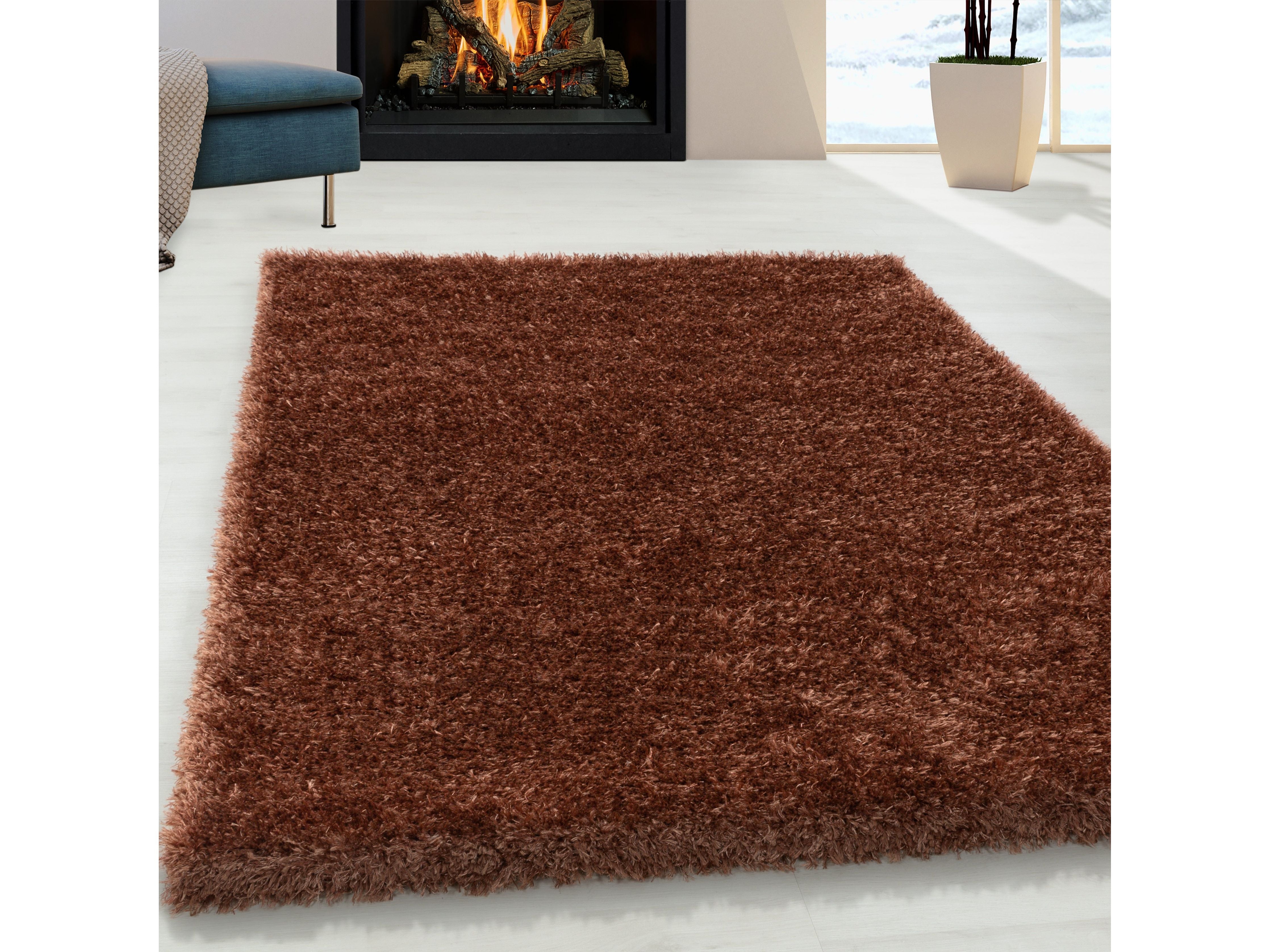 Shaggy living room high-pile rug, glossy yarn, solid color rose