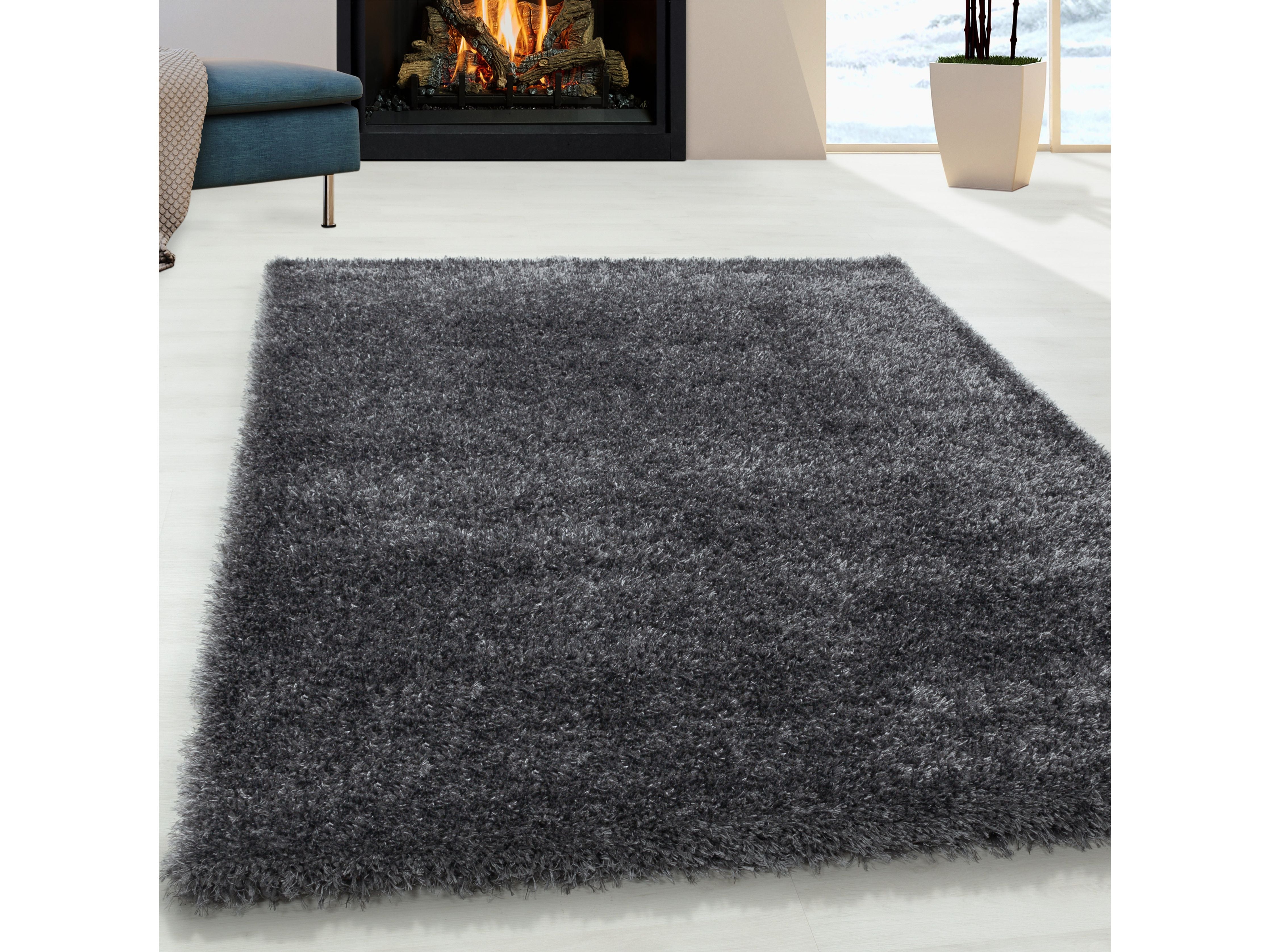 Shaggy Wohnzimmer Hochflor Teppich Glanz Garn Einfarbig Grau