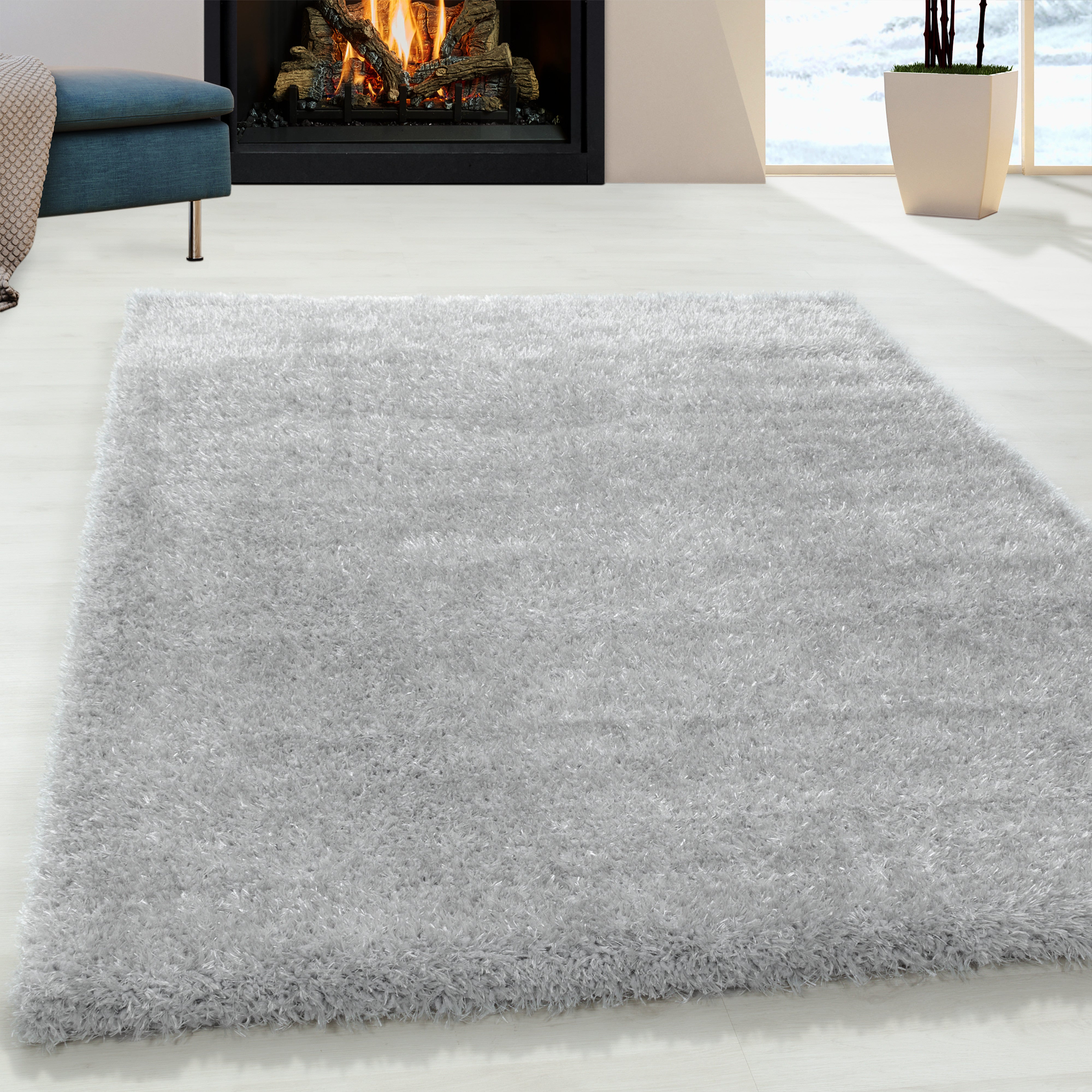 Shaggy living room high-pile rug, glossy yarn, solid color rose