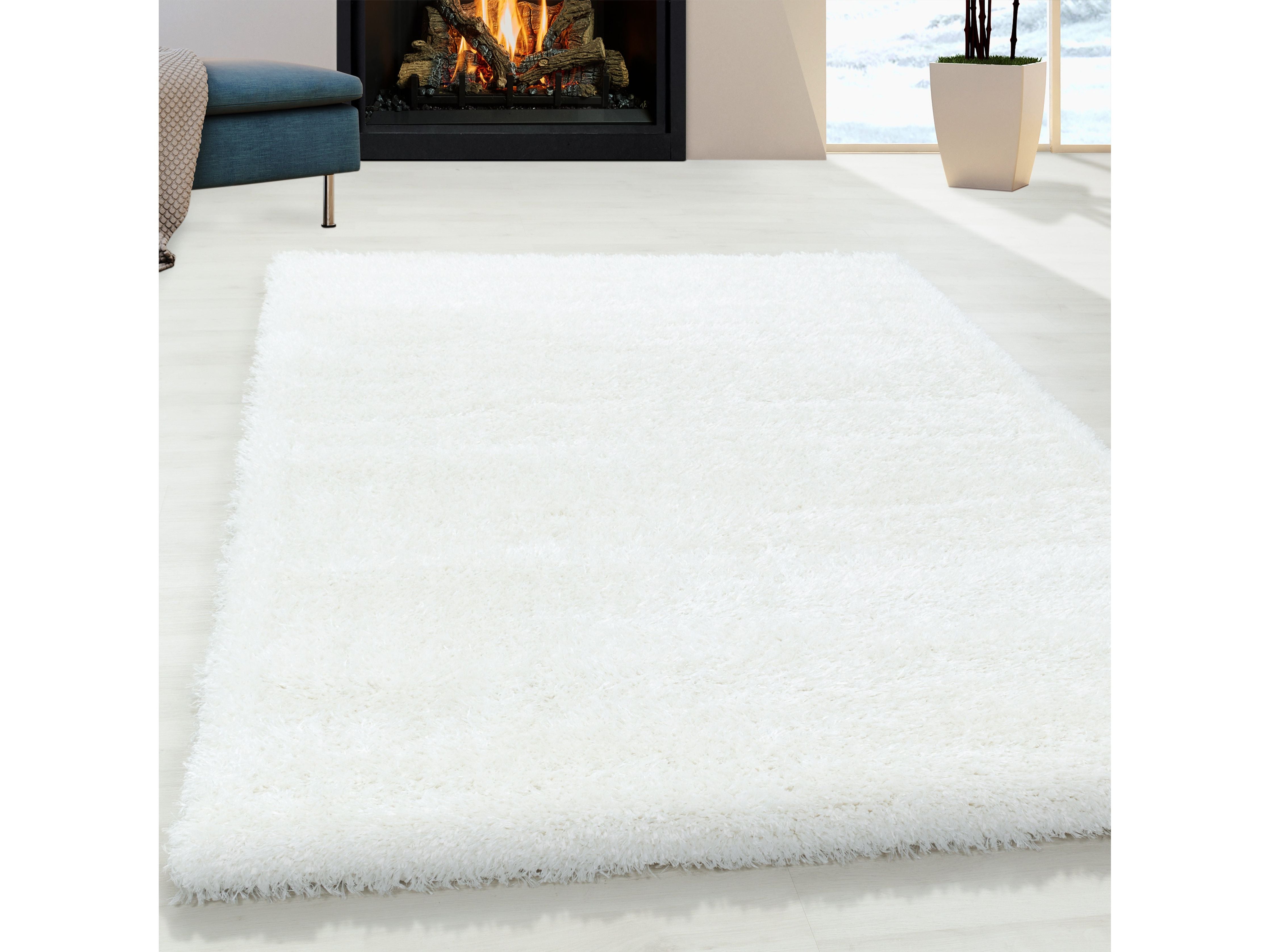 Shaggy Wohnzimmer Hochflor Teppich Glanz Garn Einfarbig Weiss