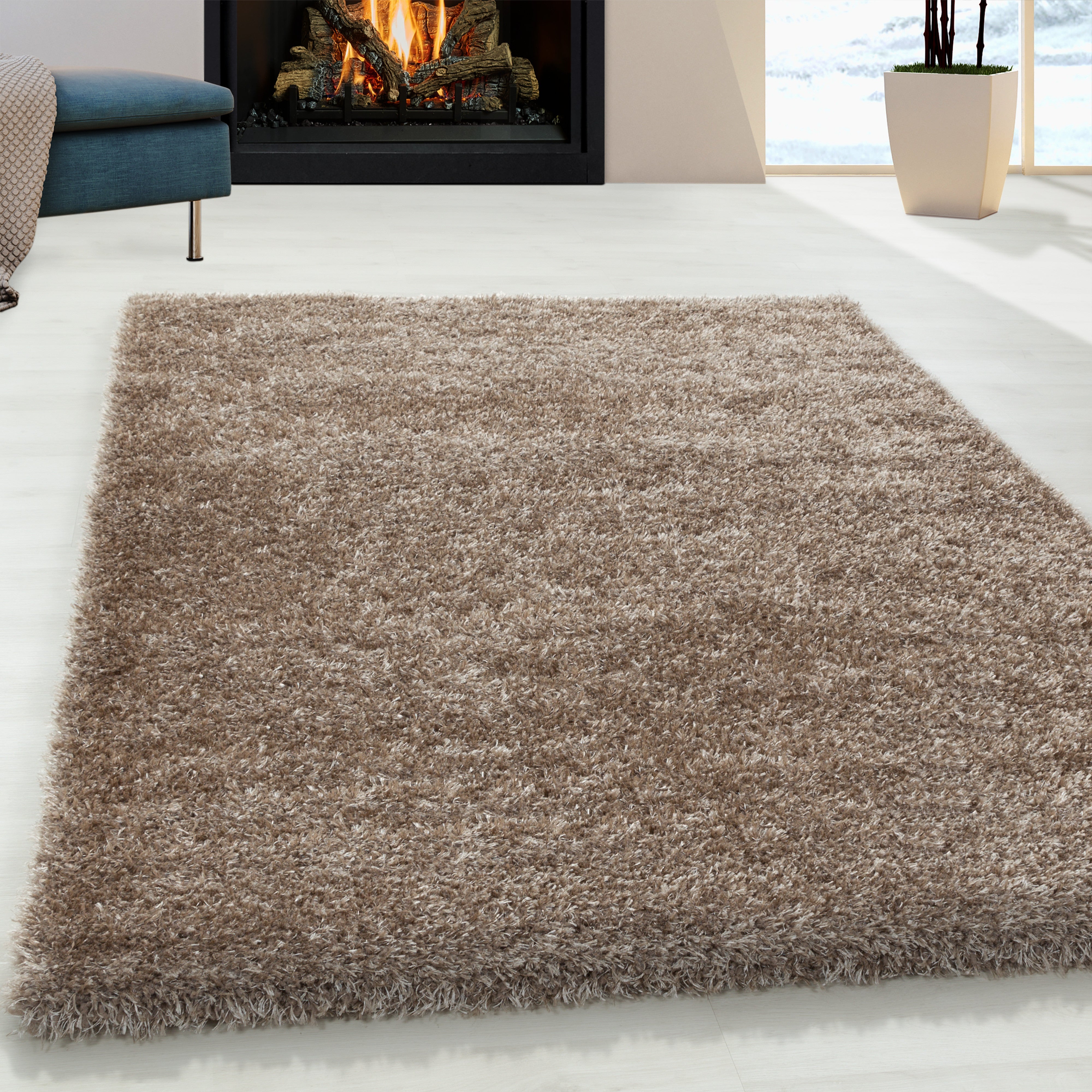 Shaggy living room high-pile rug, glossy yarn, solid color rose