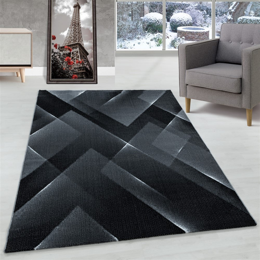 Wohnzimmerteppich Kurzflor Teppich 3-D Design Muster Dreieck Soft Flor Schwarz