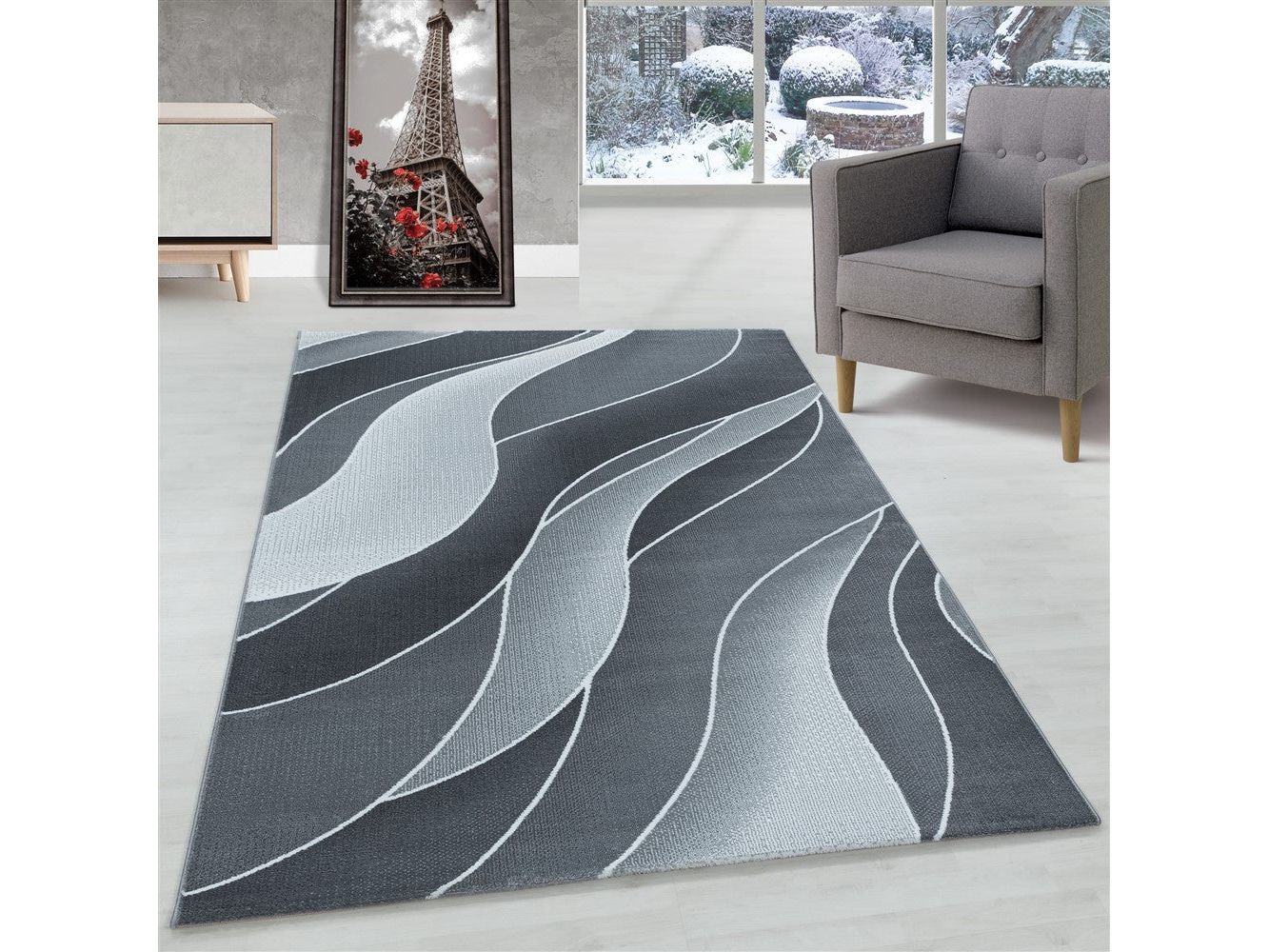Wohnzimmerteppich Kurzflor Teppich 3-D Design Muster Wellen Soft Flor Grau