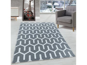 Wohnzimmerteppich Kurzflor Teppich Gitter Design Soft Flor Grau