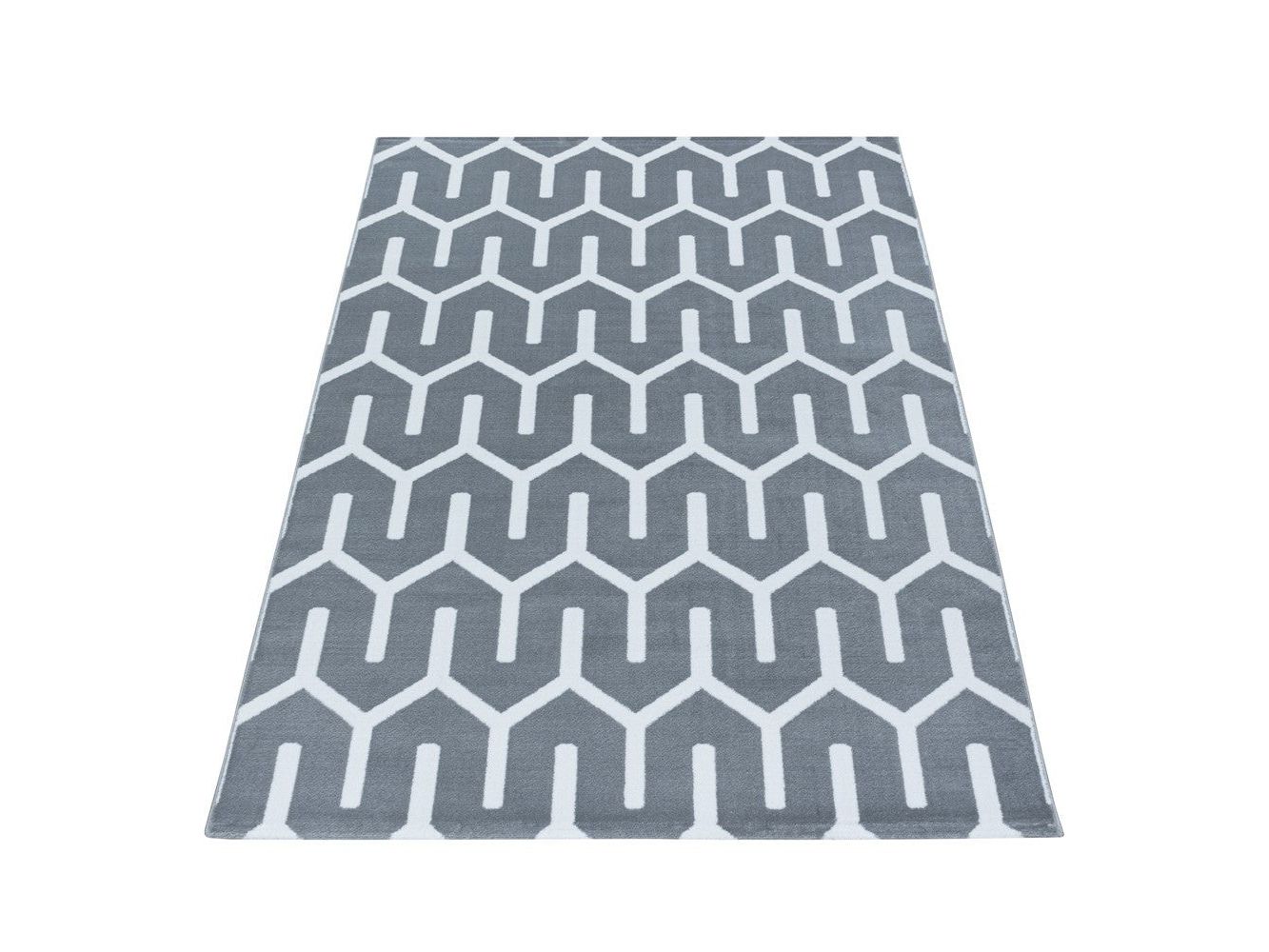 Wohnzimmerteppich Kurzflor Teppich Gitter Design Soft Flor Grau