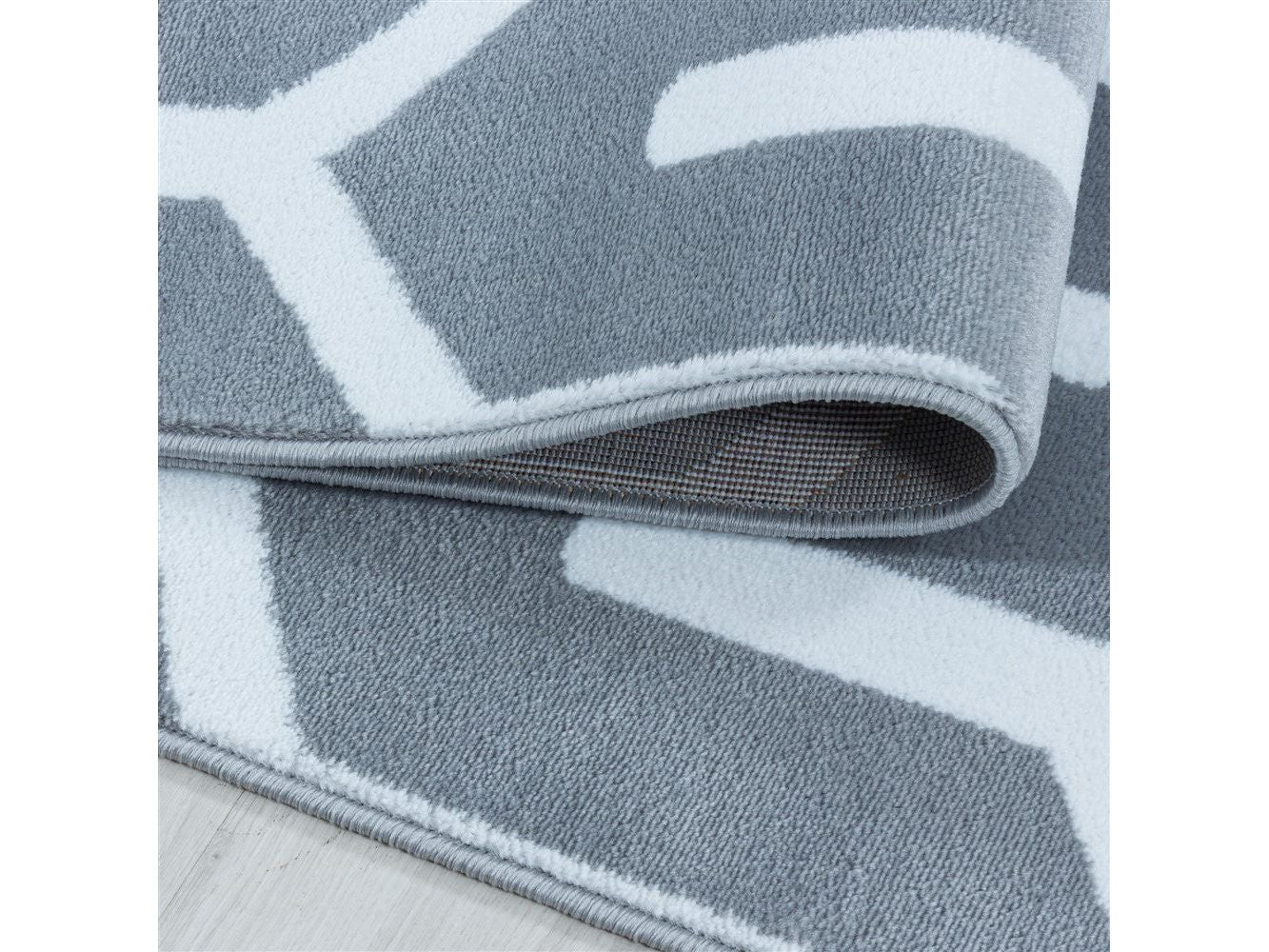 Wohnzimmerteppich Kurzflor Teppich Gitter Design Soft Flor Grau