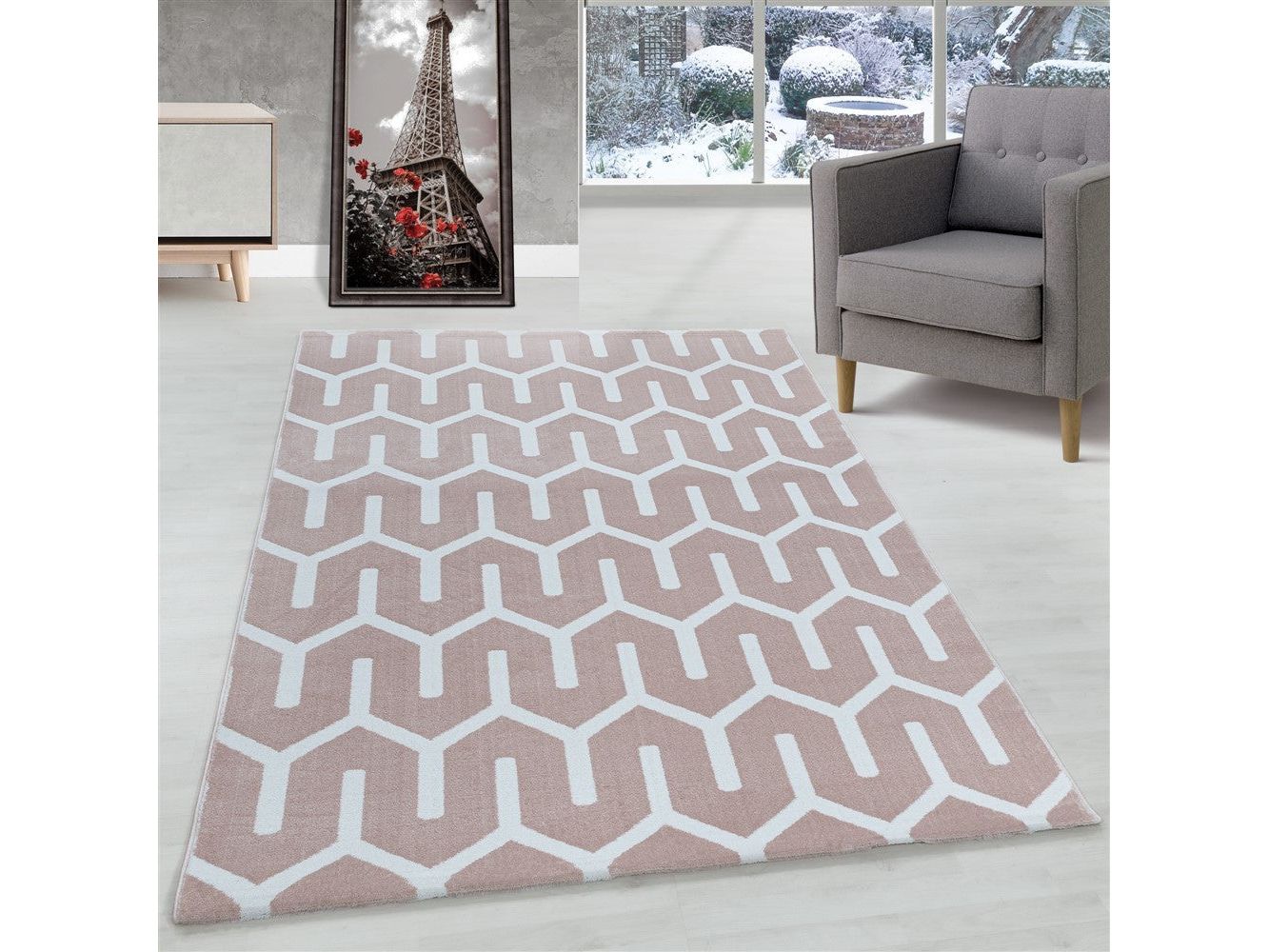 Wohnzimmerteppich Kurzflor Teppich Gitter Design Soft Flor Pink