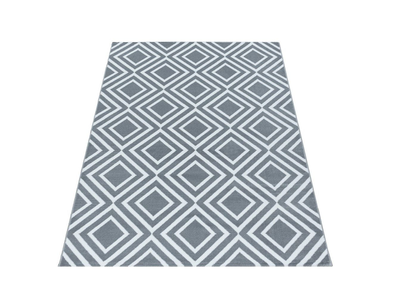 Wohnzimmerteppich Kurzflor Teppich Rauten Gitter Design Soft Flor Grau
