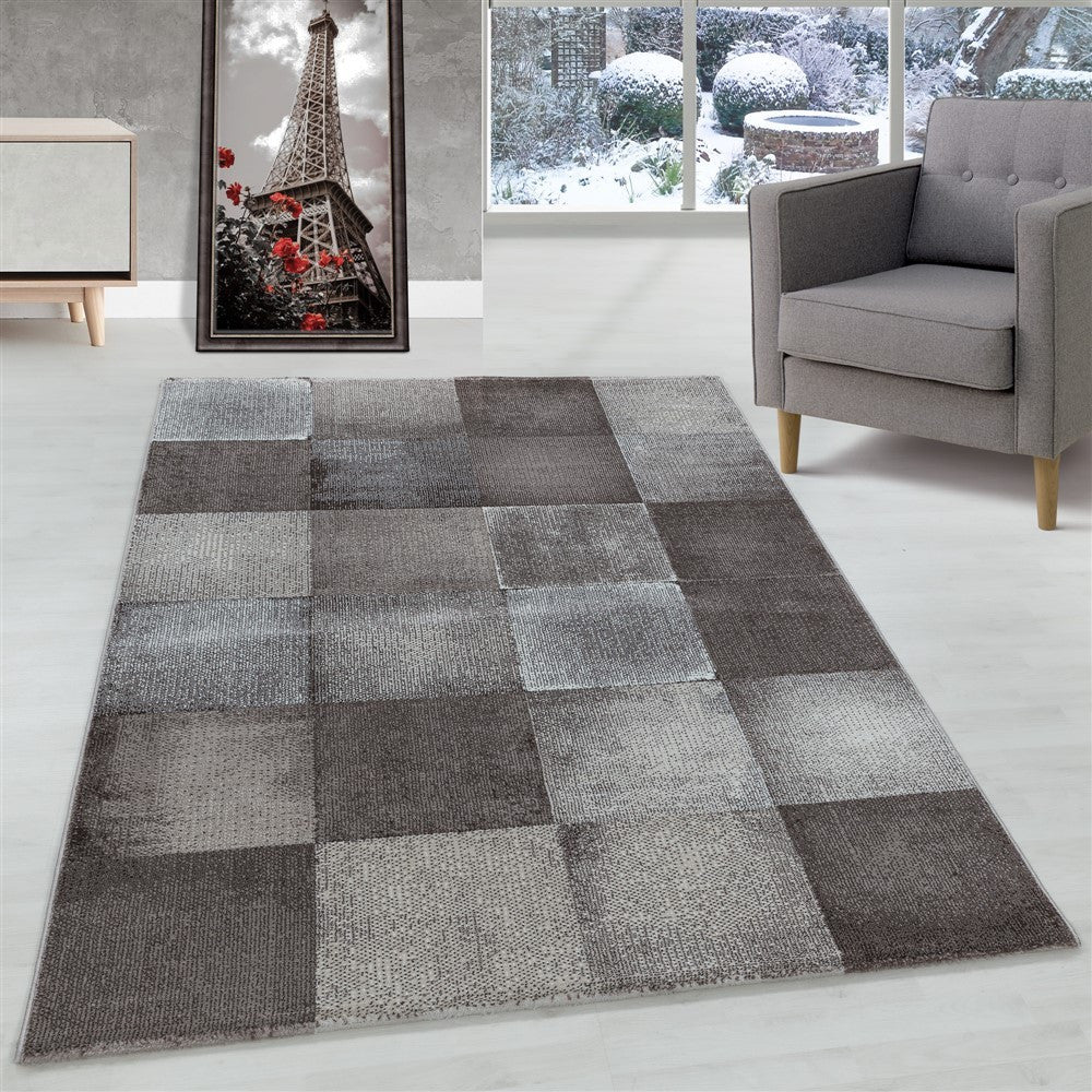 Wohnzimmerteppich Kurzflor Teppich Viereck Gitter Design Braun
