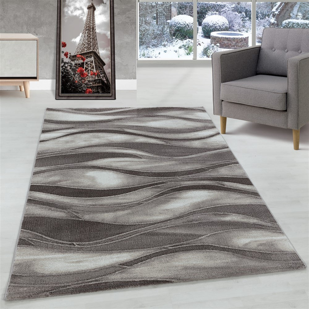 Wohnzimmerteppich Kurzflor Teppich Abstrakte Wellen Design Braun