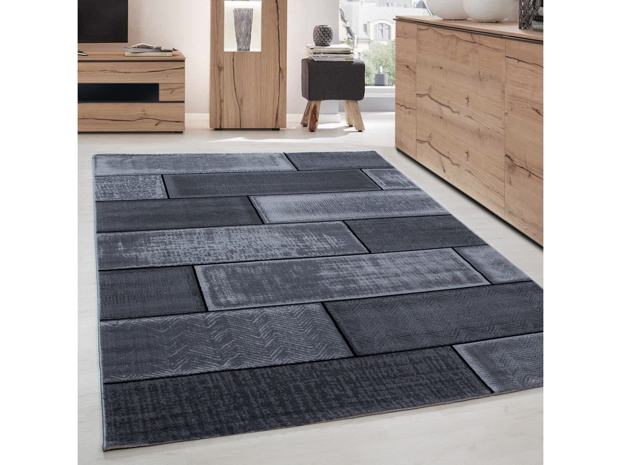 Moderner Wohnzimmer Mauerstein designer Teppich Kurzflor Schwarz Grau