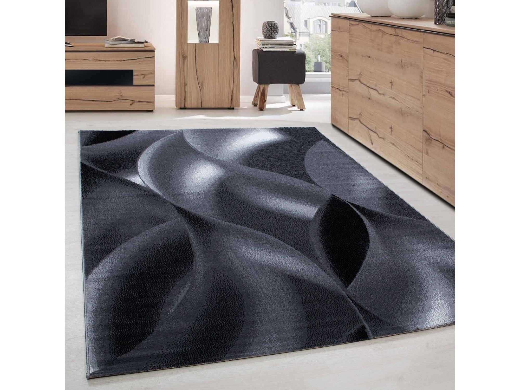 Teppich Moderner Wohnzimmer abstrakt schatten Wellenmotiv designer Kurzflor Schwarz Grau