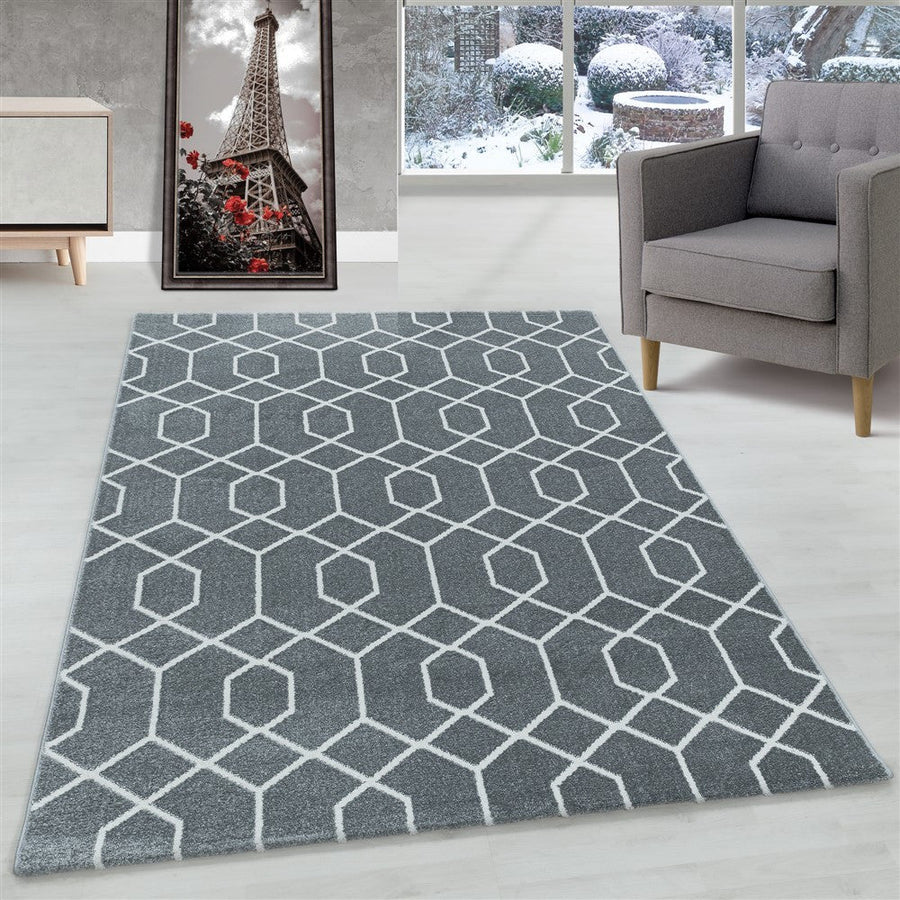 Oturma odası halısı, kısa tüylü halı, kablo tasarımı, kıvrımlı desen, çizgiler, gri