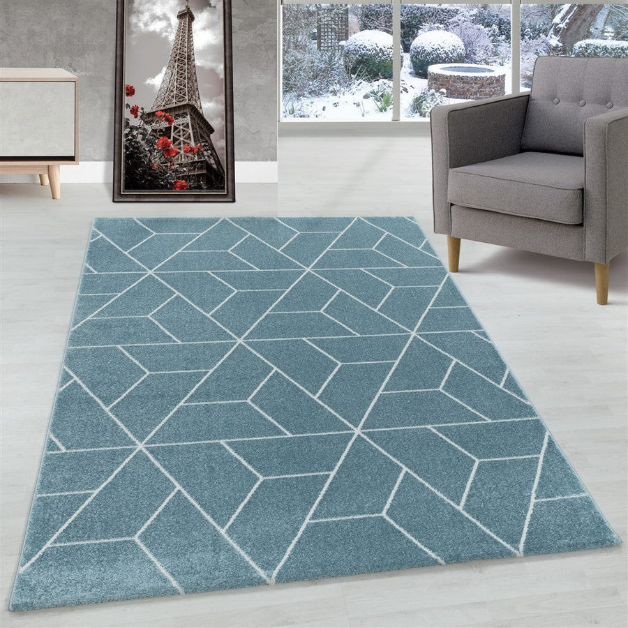 Salon halısı, kısa tüylü halı, tasarım, geometrik çizgiler, mavi