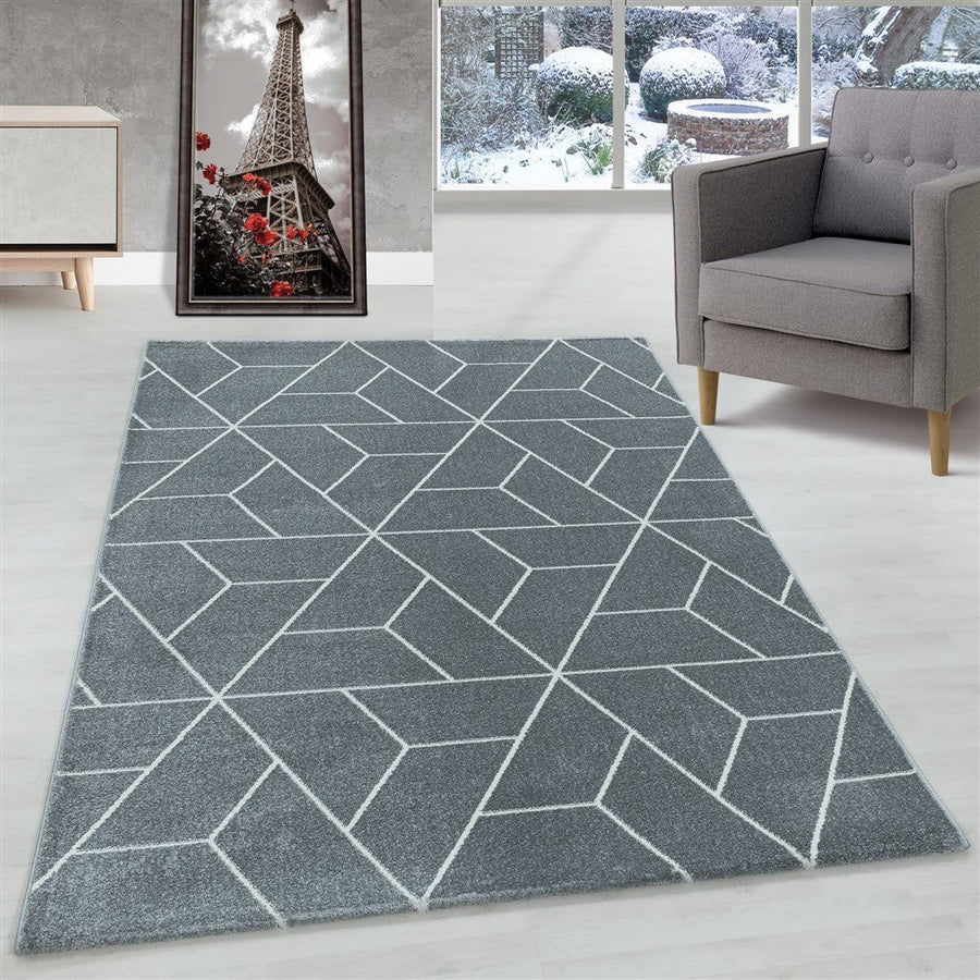 Oturma odası halısı, kısa tüylü halı, tasarım, geometrik çizgiler, gri