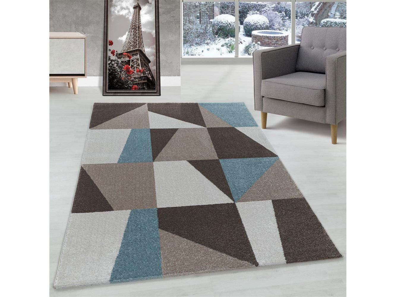 Wohnzimmerteppich Kurzflor Teppich Design Zipcode Dreieck Trapez Blau