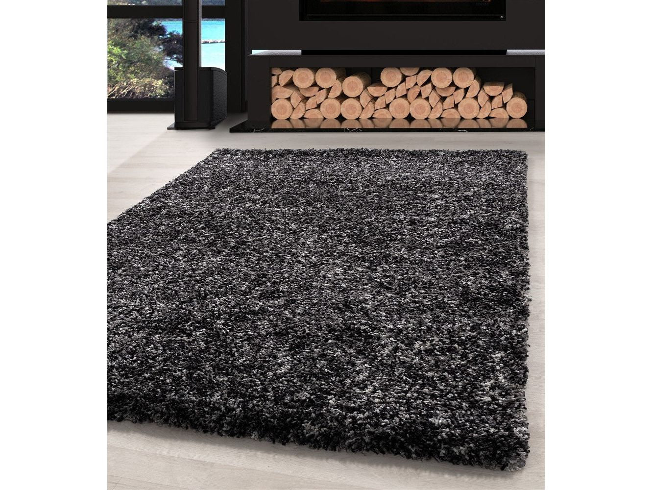 Shaggy Teppich Hochwertig Hochflor Wohnzimmer Anthrazit Grau Weiß Meliert