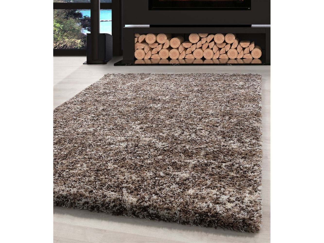 Shaggy Teppich Hochwertig Hochflor Wohnzimmer Beige Taupe Creme Meliert