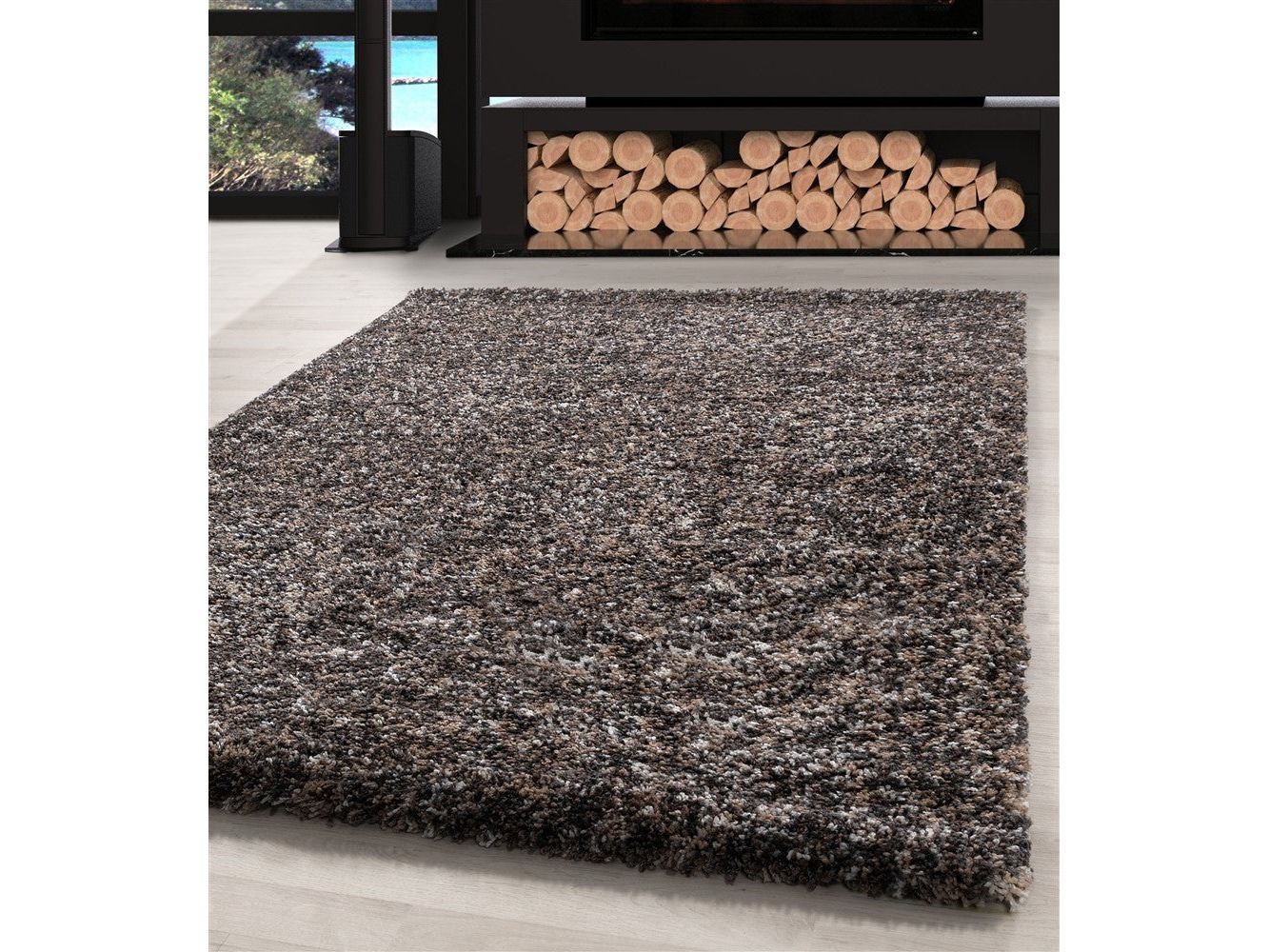 Shaggy Teppich Hochwertig Hochflor Wohnzimmer Taupe Grau Beige Creme Meliert