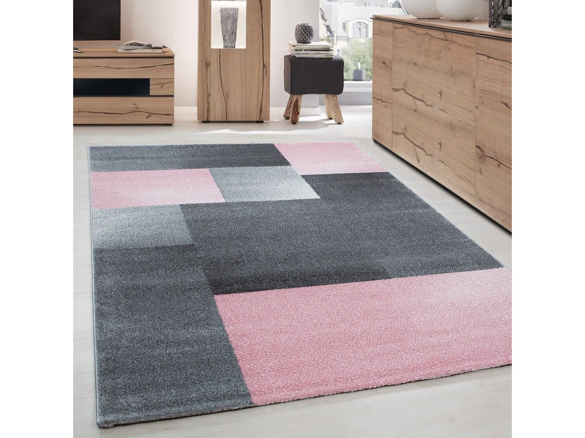 Teppich Modern Designer kurzflor Wohnzimmer Karo Block muster Grau Pink Weiß