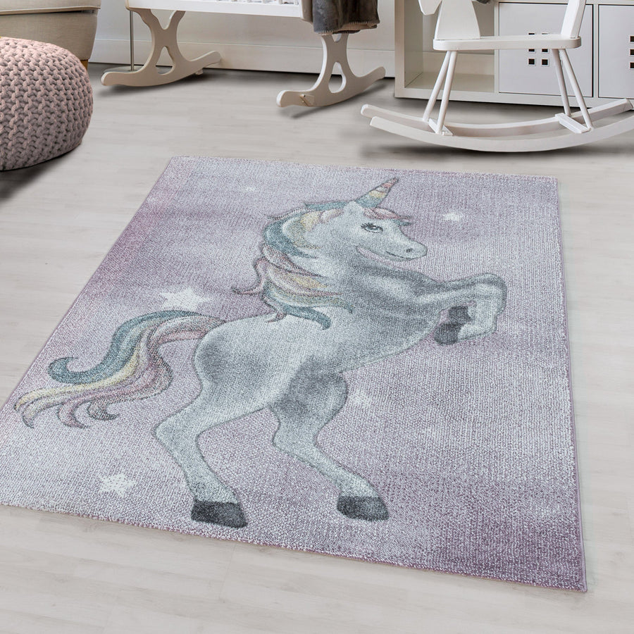 Kısa tüylü çocuk halısı çocuk odası kilim deseni tek boynuzlu at yıldızlar yumuşak menekşe