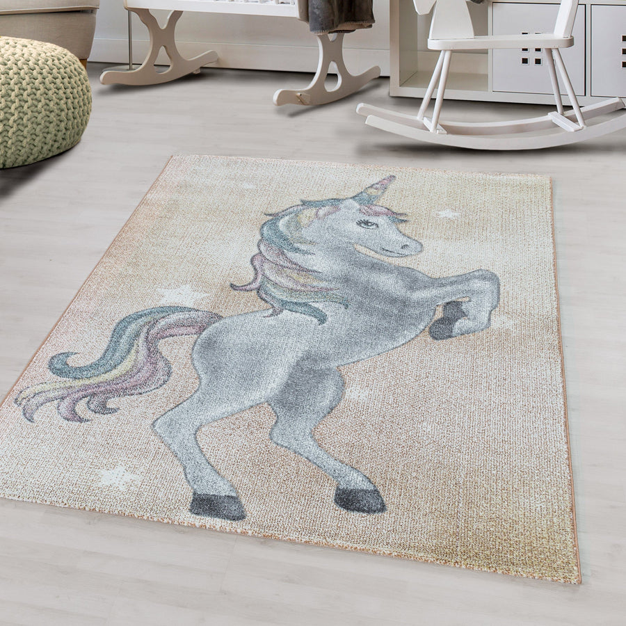 Gelber Kinderzimmer Teppich mit Einhornmotiv