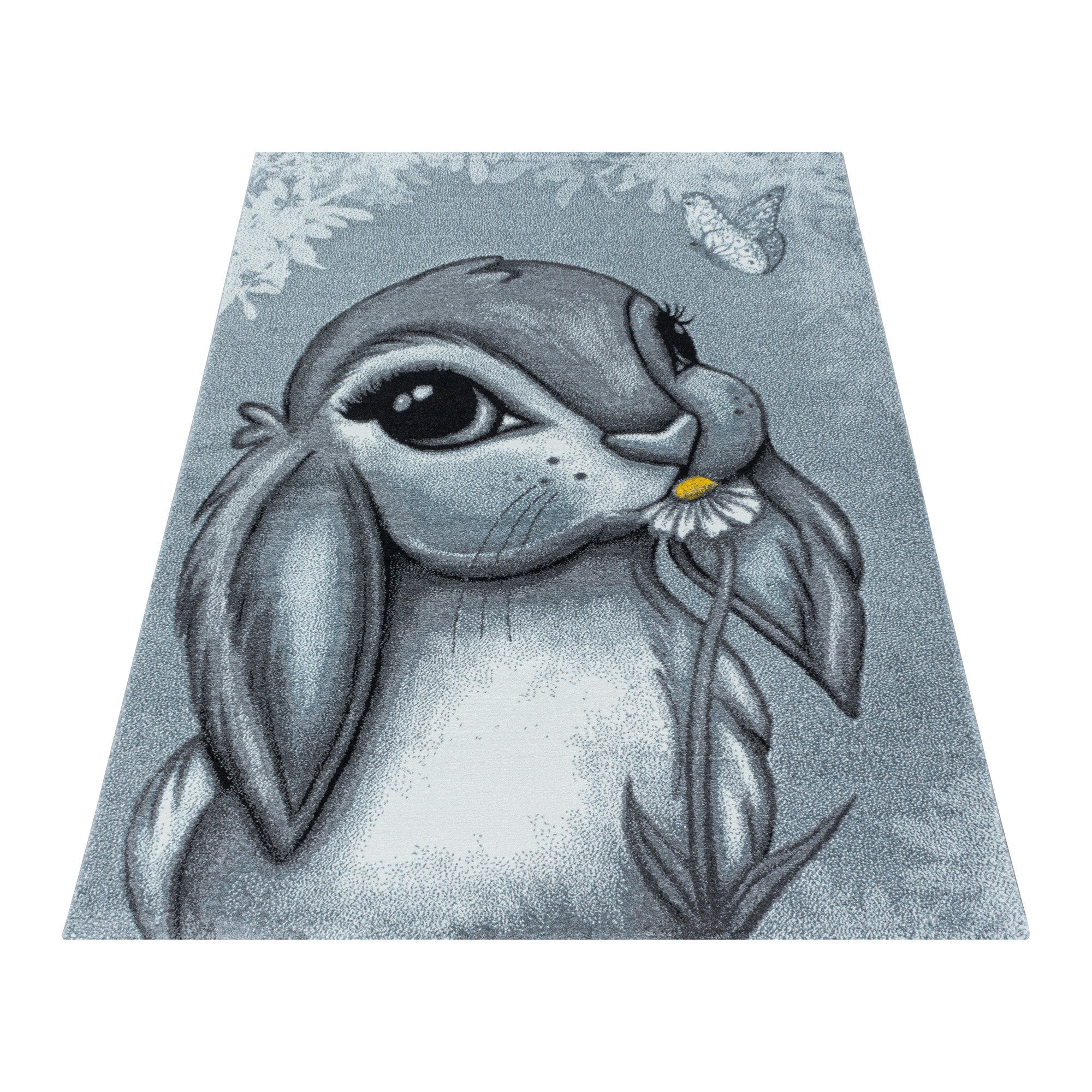 Kurzflor Kinderteppich Kinderzimmer Teppich Design Hase Bunny Blau