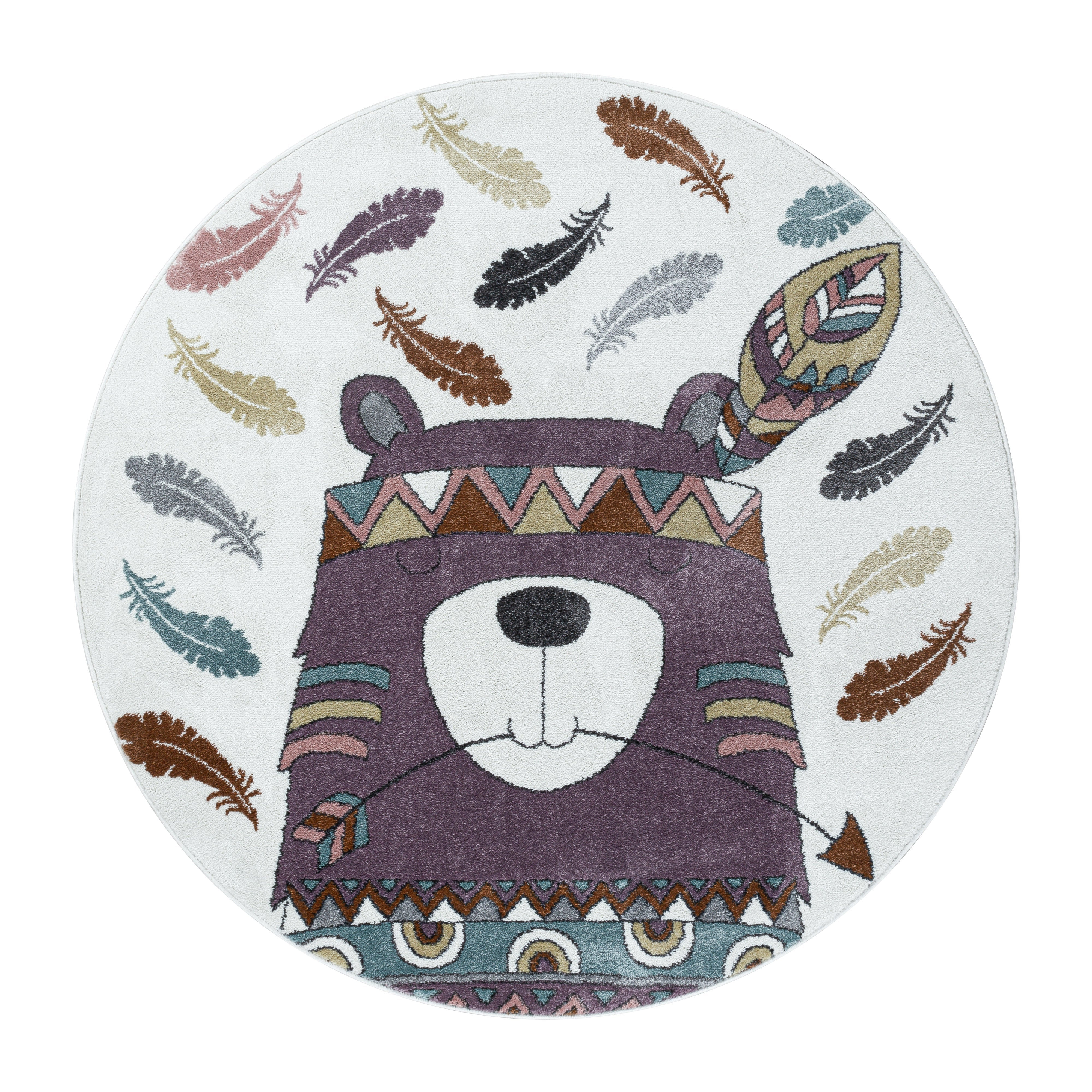 Kurzflor Kinderteppich Design Indianer Bär Feder Kinderzimmer Teppich Violet